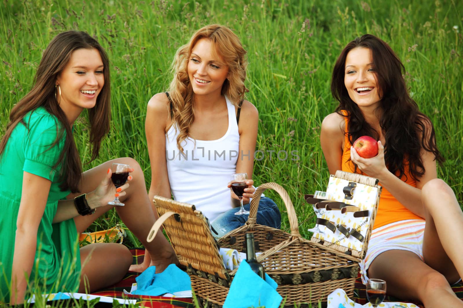 girlfriends on picnic in green grass