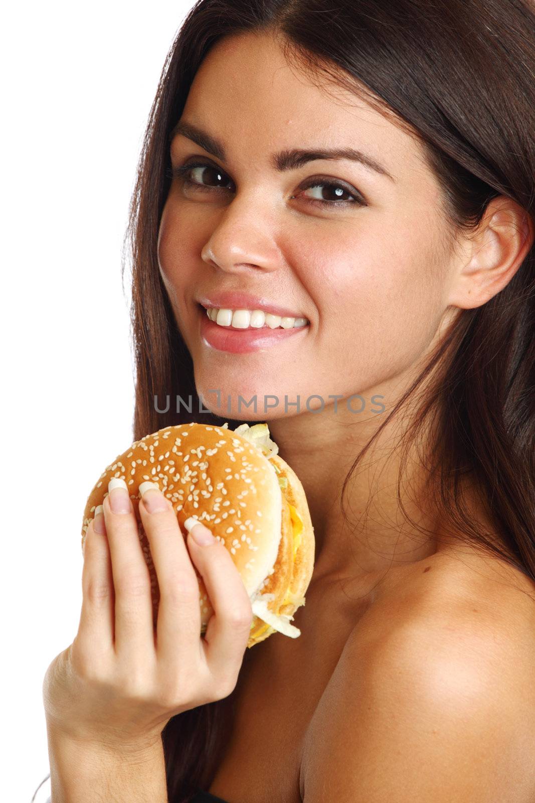 woman eat burger isolated on white background