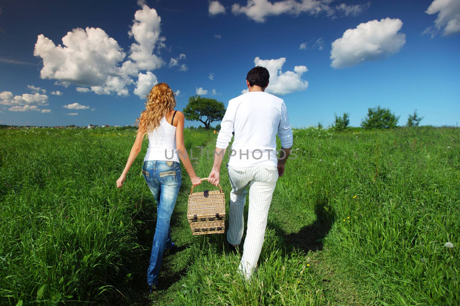 man and woman walk on picnic in green grass