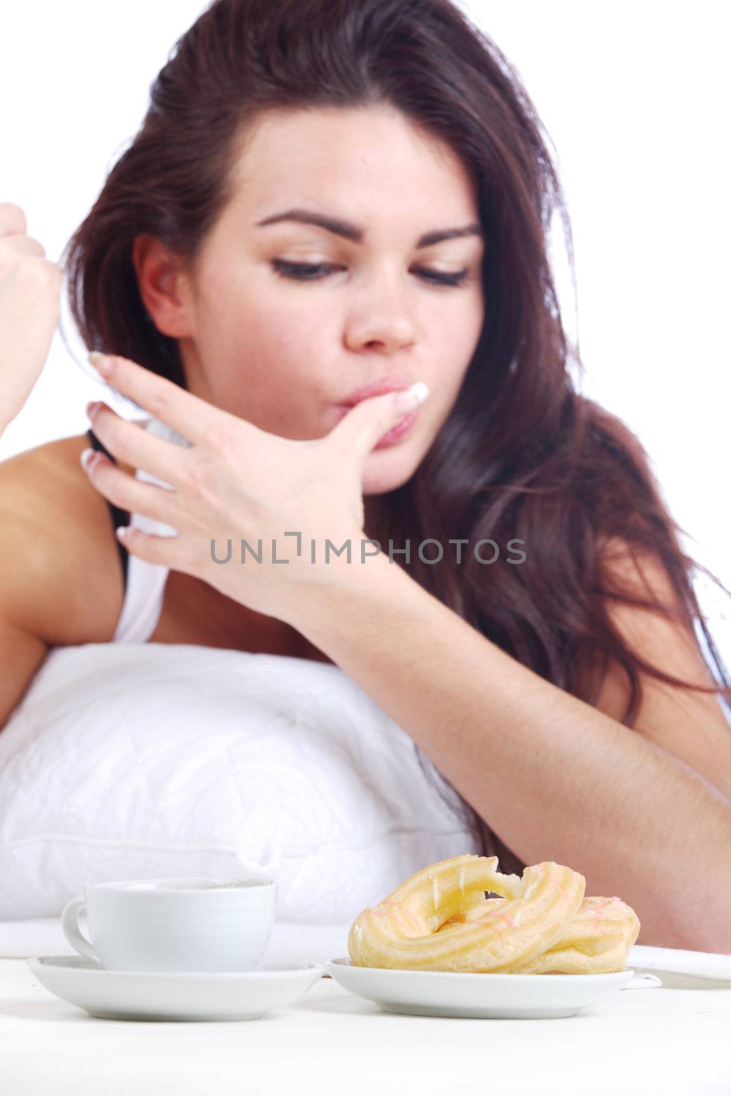 woman wake and see morning coffee