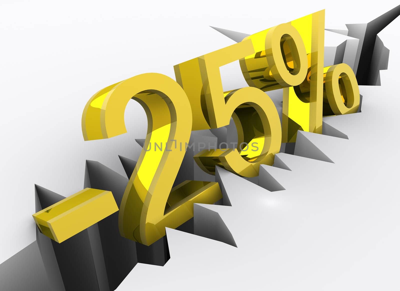 Concept of 25 percent discount portrayed by golden 3d number (minus twenty-five percent) rendered and isolated on white background with slight reflection.
