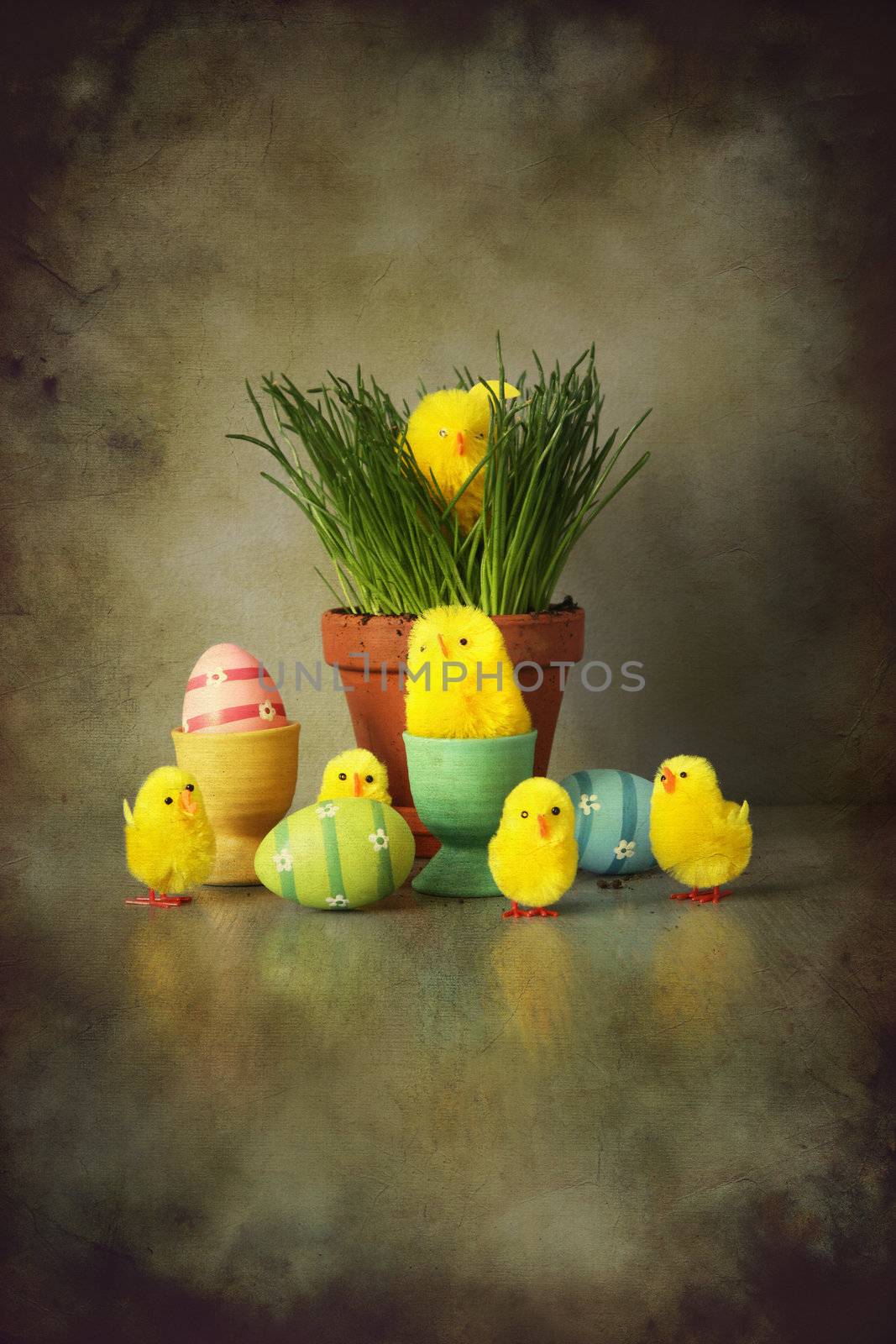 A bunch of chickens and eggs in a grungy style.