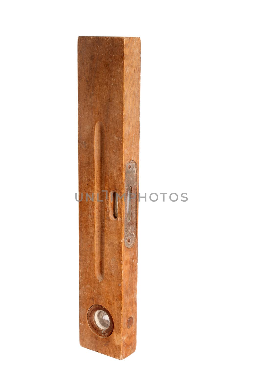 Old wooden bubble level on a white background
