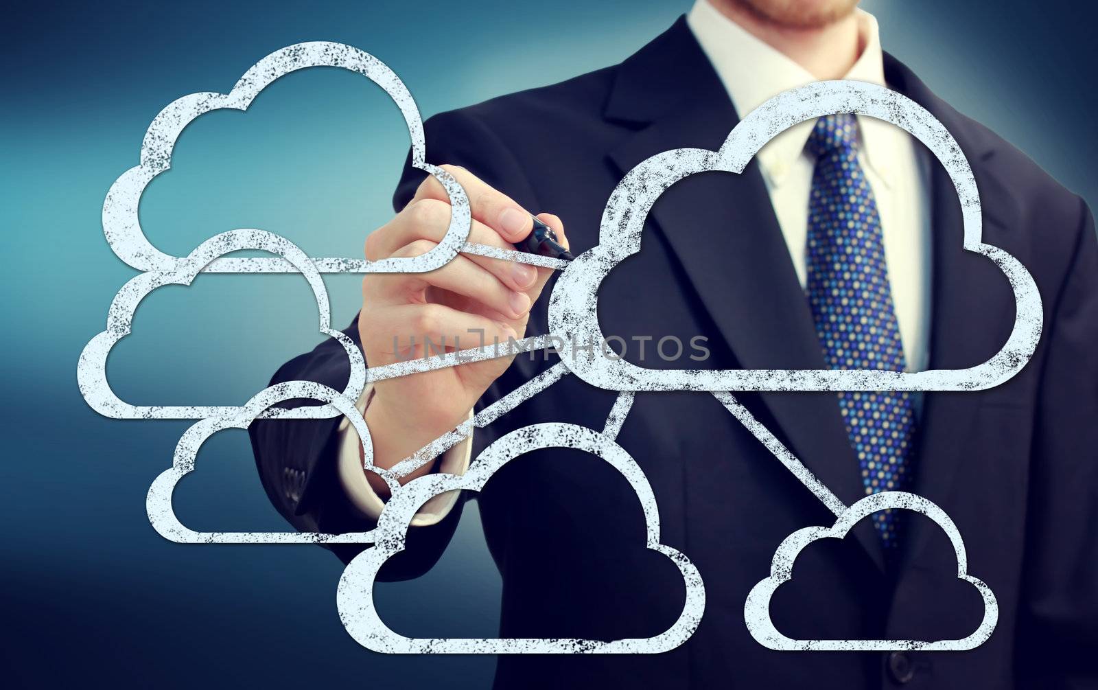 Cloud flow chart with businessman on blue background