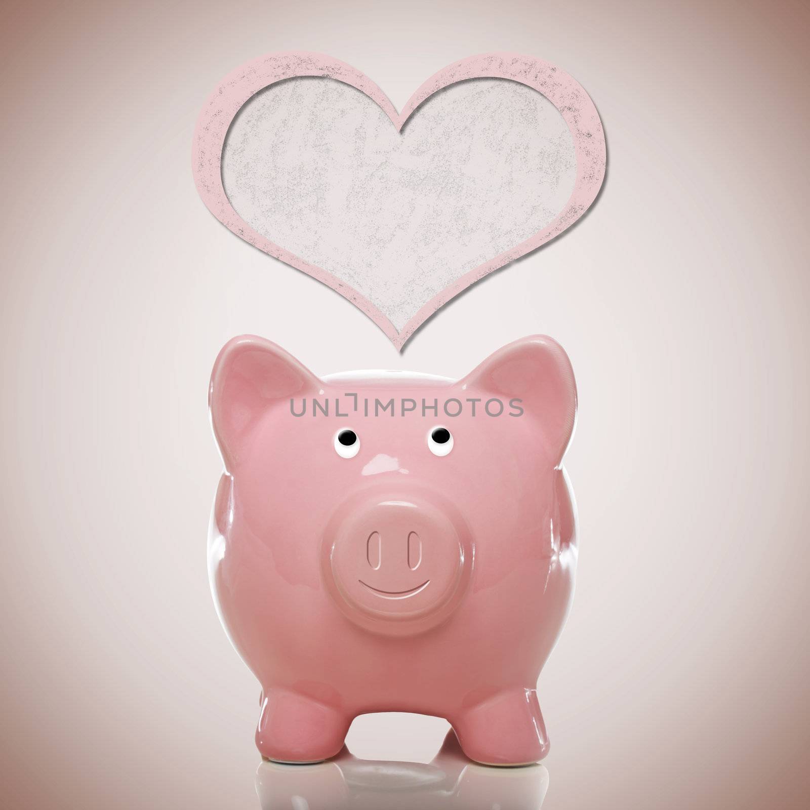 Happy piggy bank with pink heart on pink background