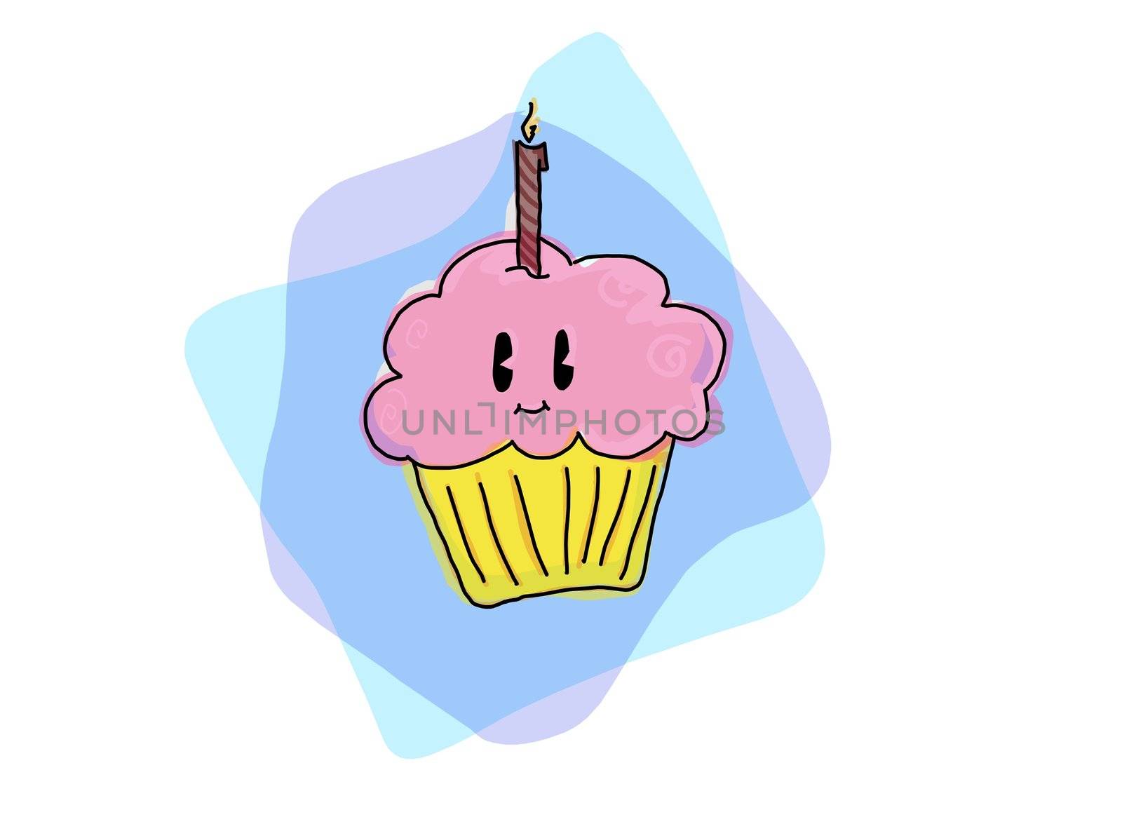 A cute, kawaii pink birthday cupcake with candle on blue backdrop.