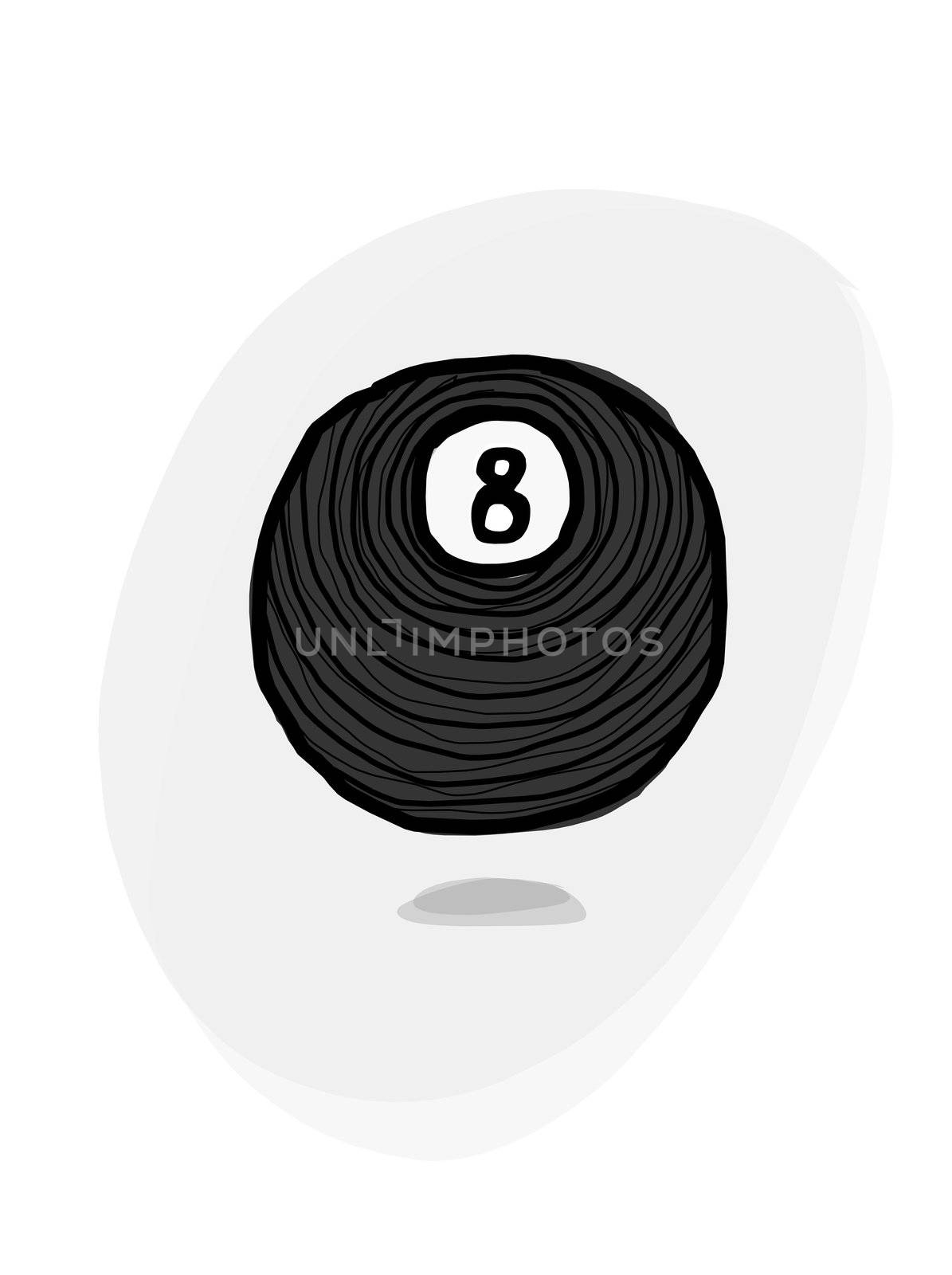 An illustration of a billiard 8 ball with grey backdrop and shadows.