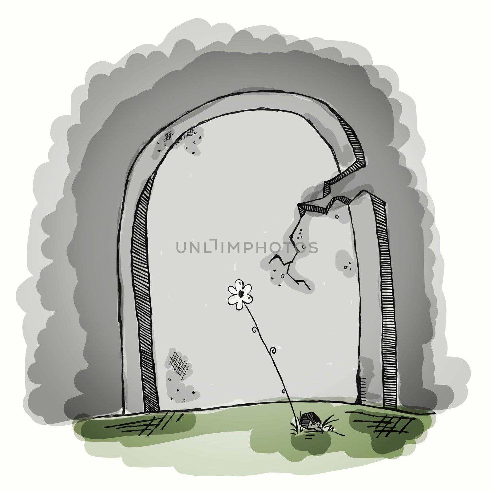 Simple, plain grey tombstone with daisy growing in front of it and cracks on the edges.