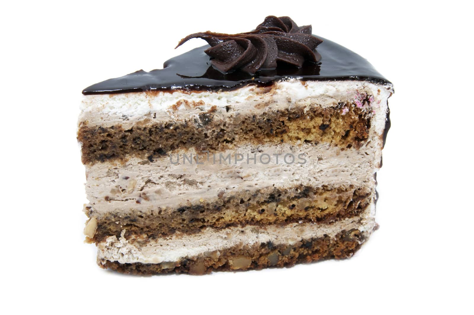 piece of chocolate cake on white background