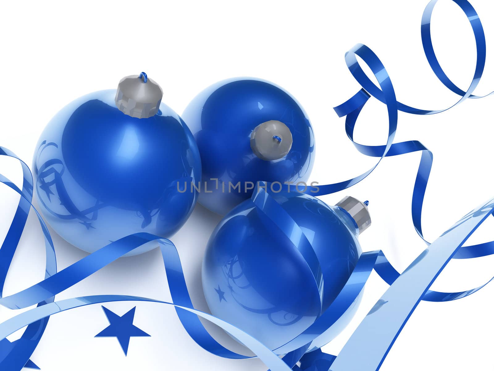 blue Christmas toys in an environment of stars and a tinsel on a white background