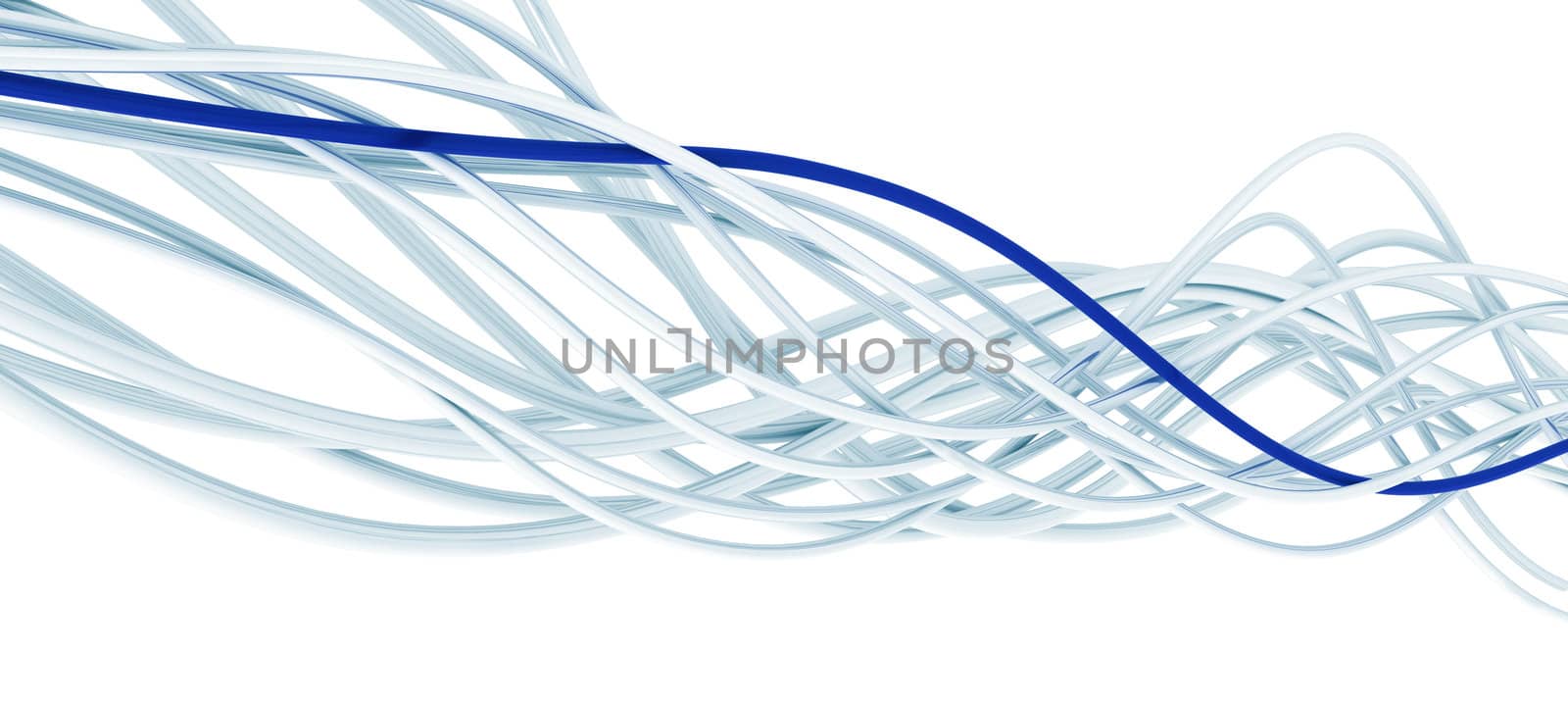 bright metallic fibre-optical blue and white cables on a white background
