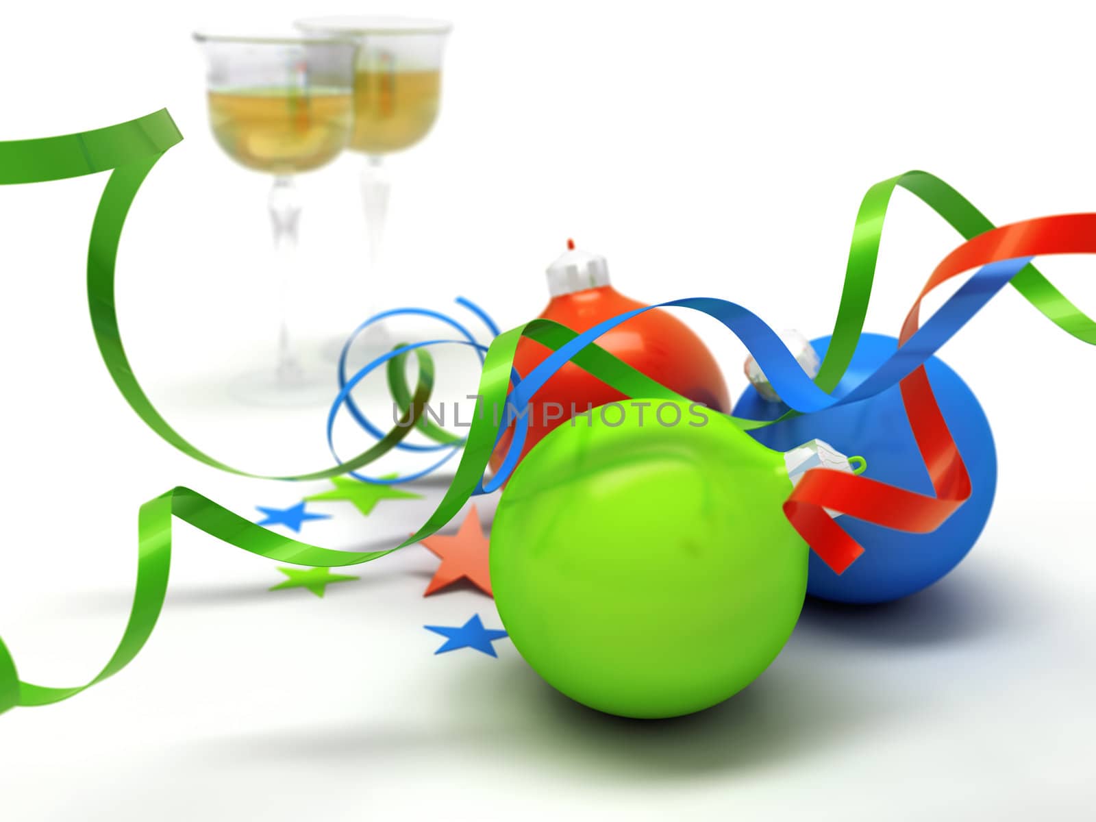 Christmas toys of different colours in the form of spheres against glasses with champagne