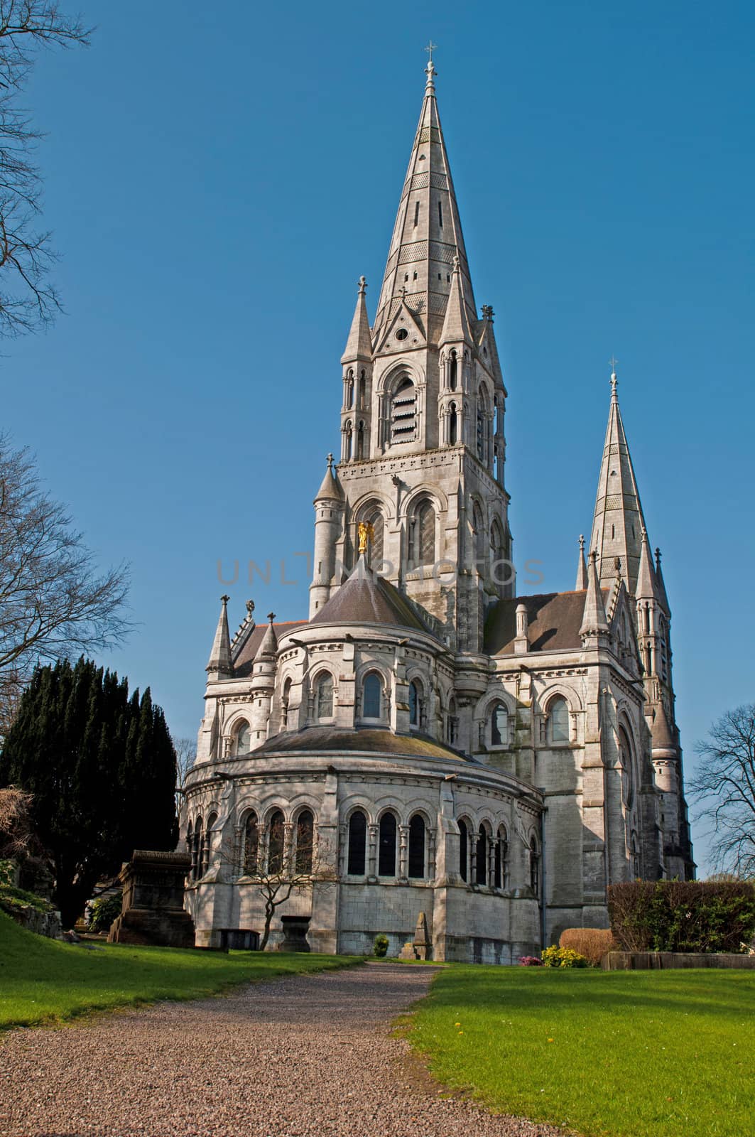 Saint Fin Barre's cathedral in Cork, Ireland (garden view and blue sky background)