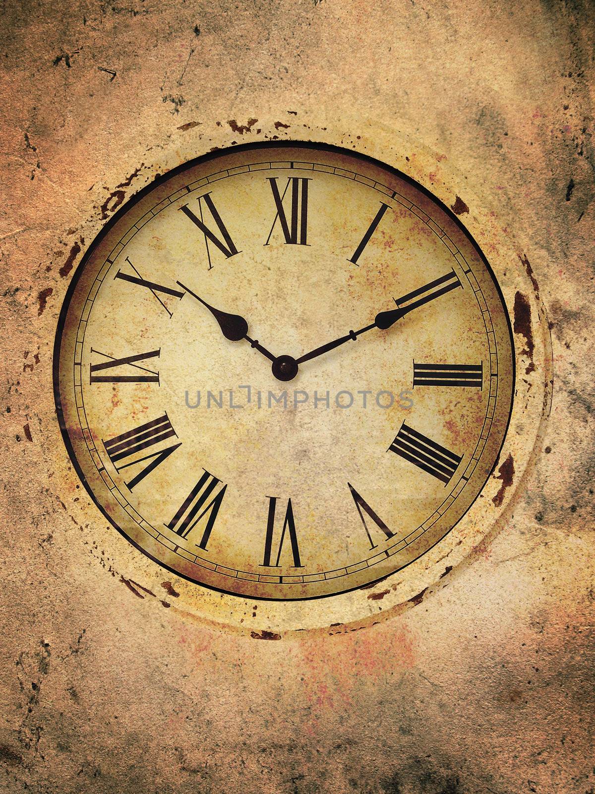 Vintage clock with roman numerals in a grungy style.