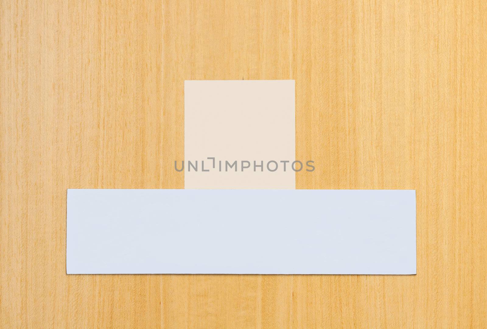 two blank signs on a wooden door (ready for some text or pictures)