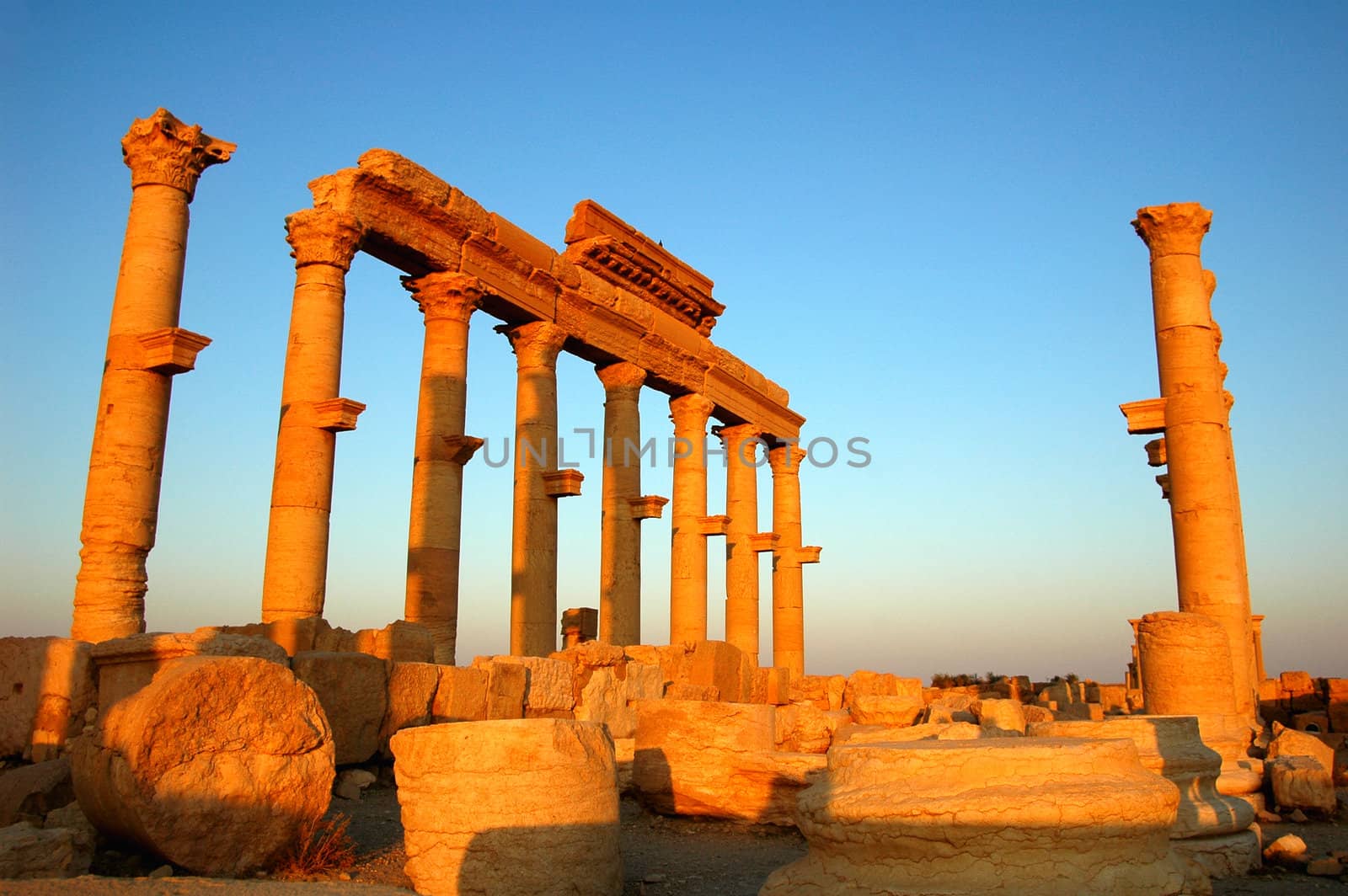 Relics Palmyra in Syria against blue sky. Ancient Roman time town in Palmyra (Tadmor), Syria.
