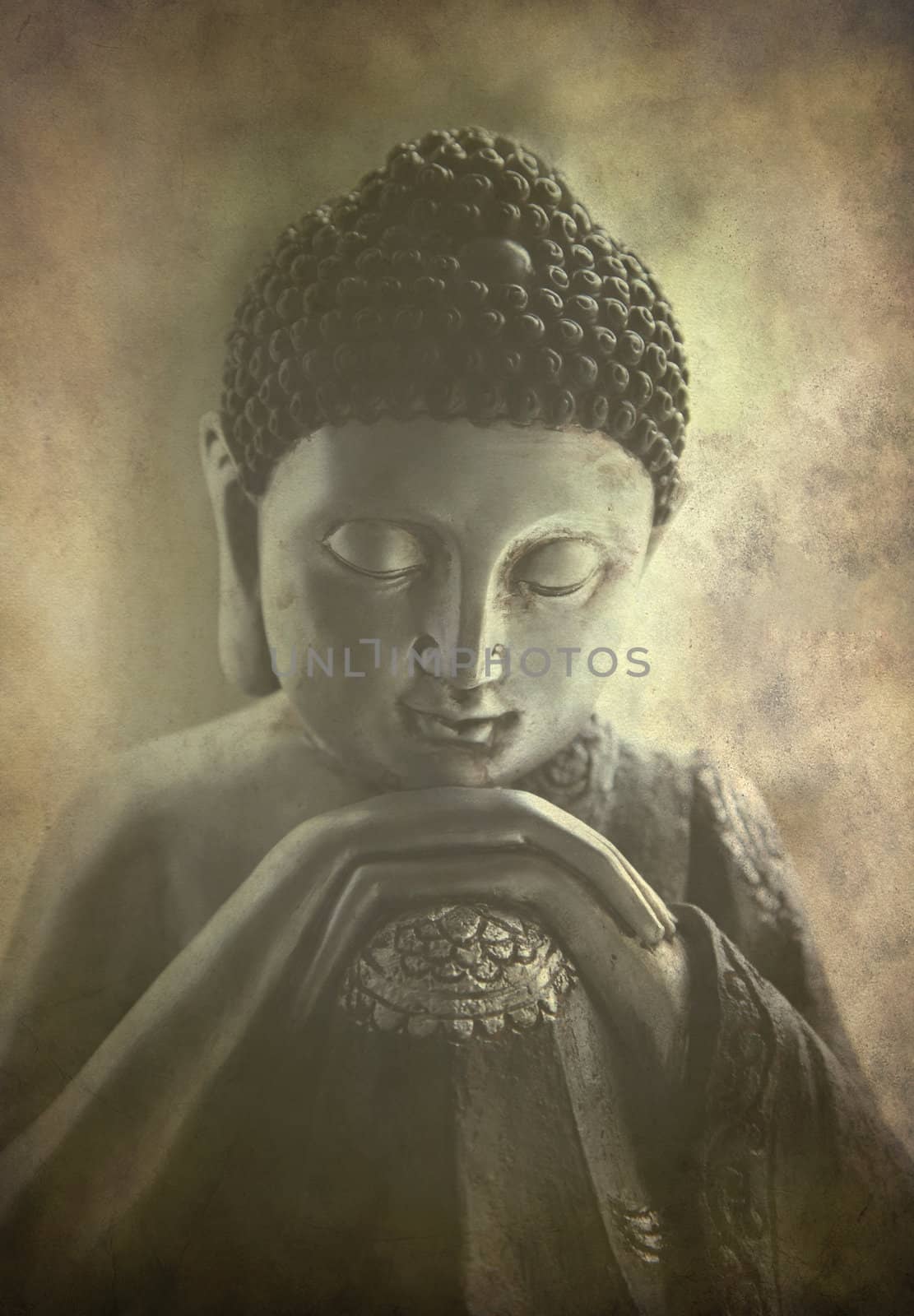 Contemplating Buddha with texture in a grunge style.