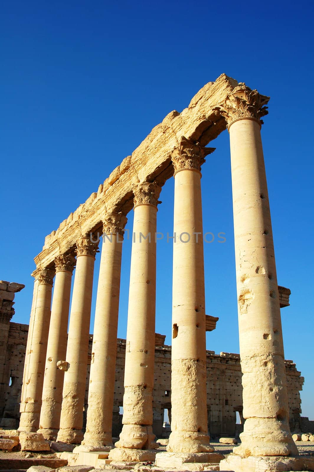 Relics Palmyra in Syria against blue sky. Ancient Roman time town in Palmyra (Tadmor), Syria.