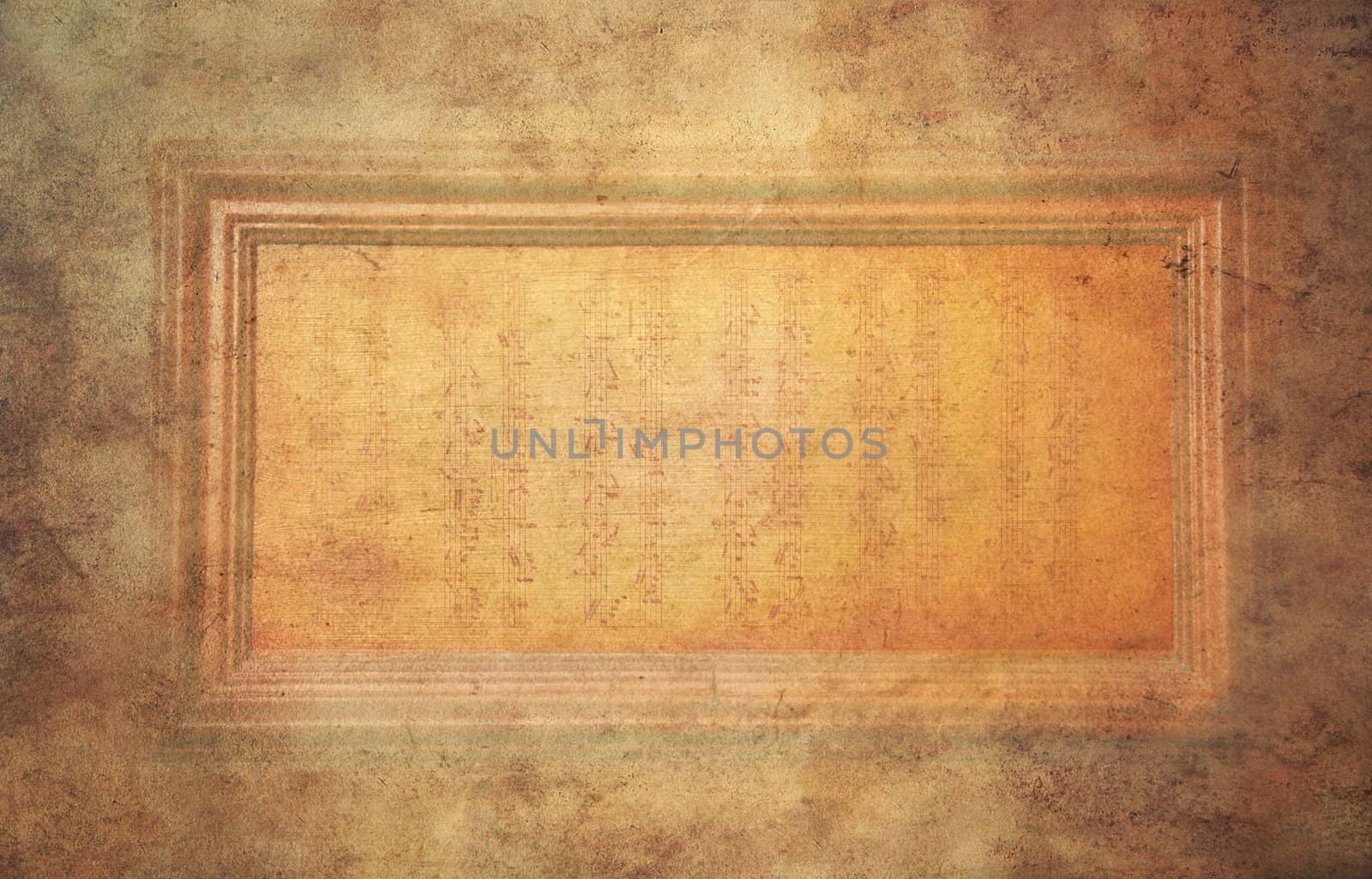 Part of an old door with notes and textures in grunge style.