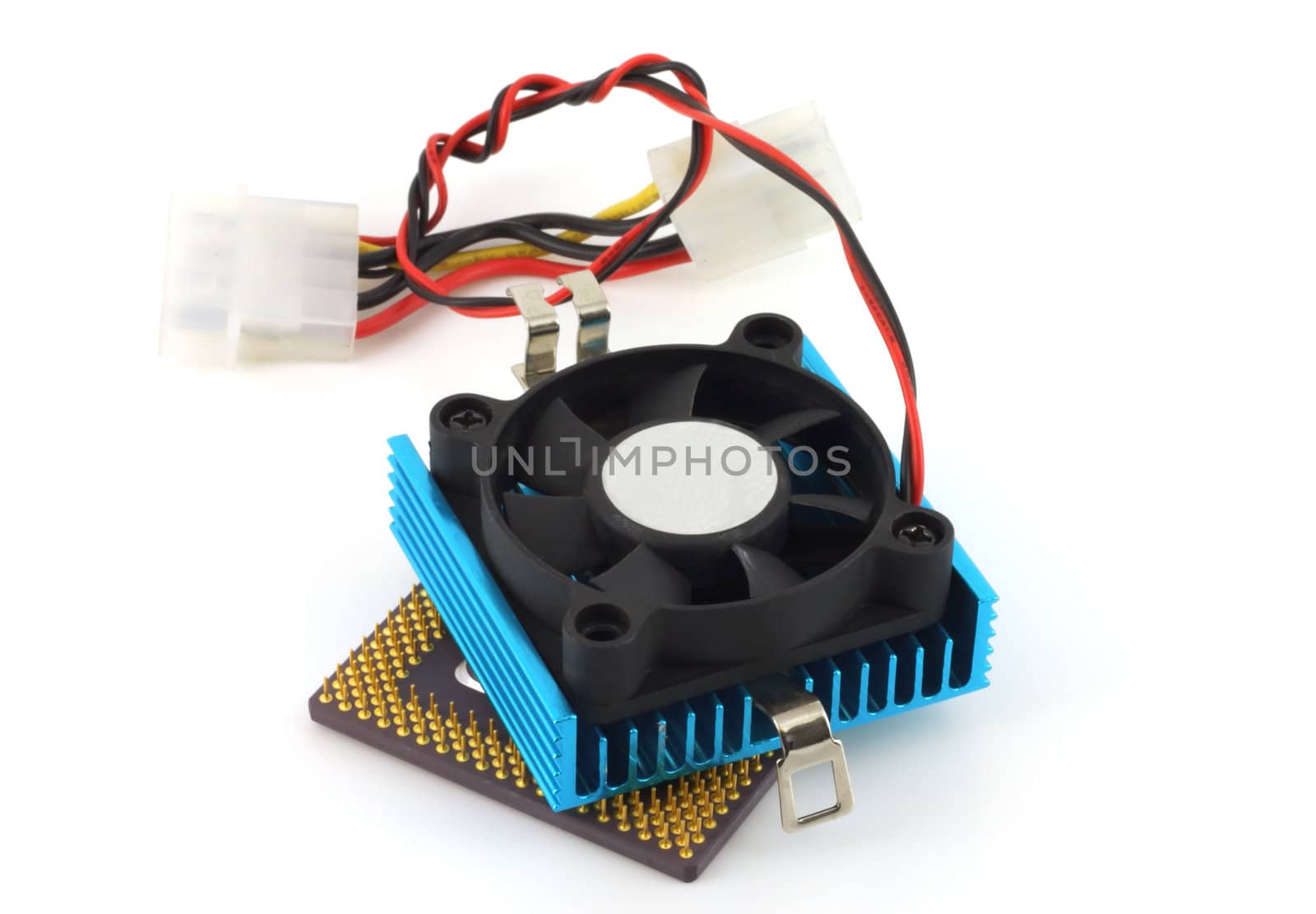 Microprocessor and fan with radiator over white