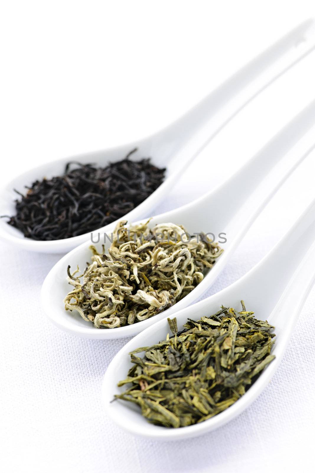 Assortment of dry tea leaves in spoons by elenathewise