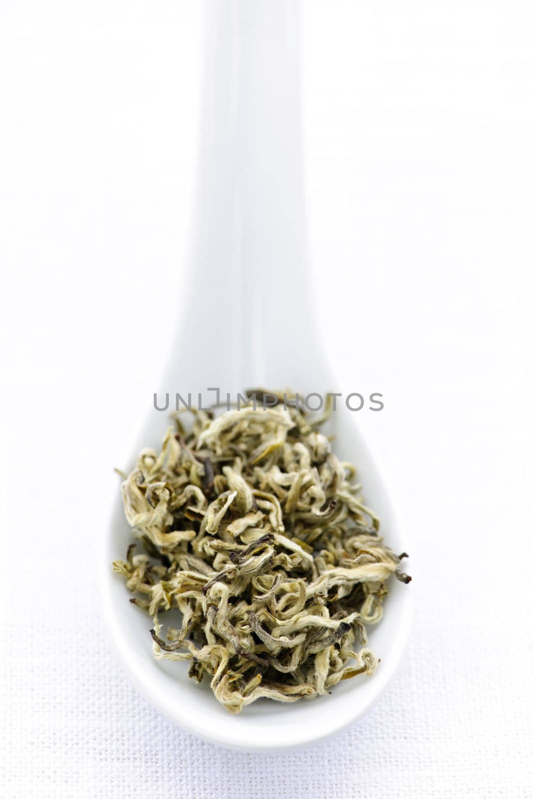 Dry white tea leaves in a spoon by elenathewise