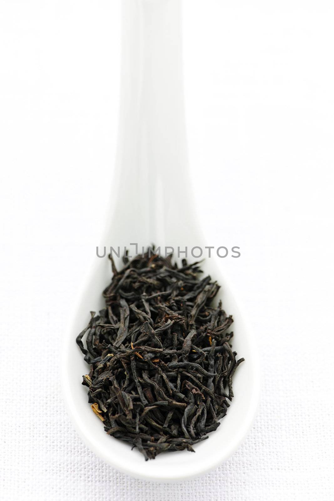 Dry black tea leaves in a spoon by elenathewise