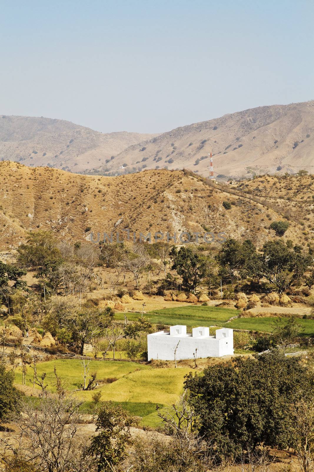 Vertical of farmland patterns of rural Rajasthan near Kumbhalgarth India with white farm house, distant hills and blue sky