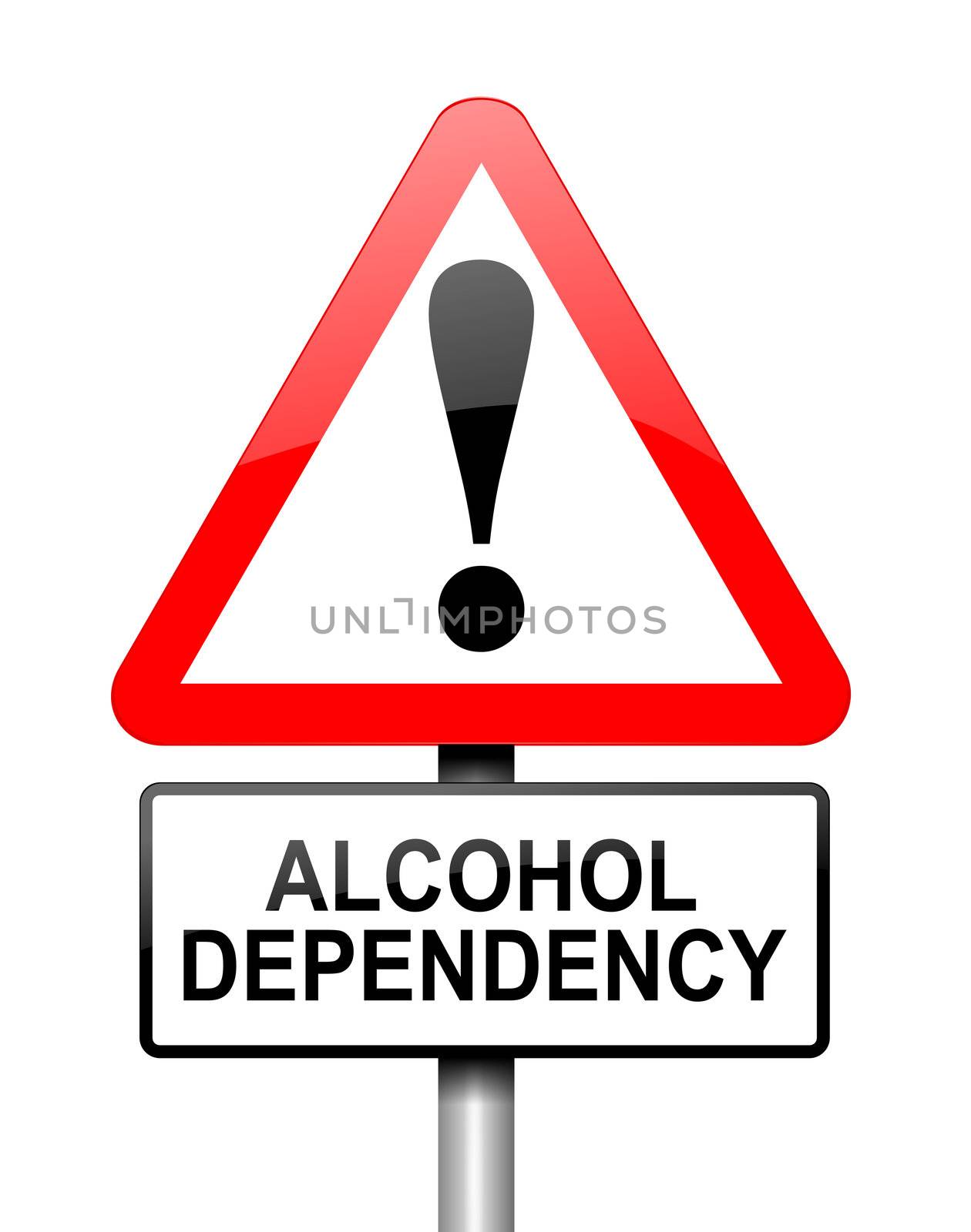 Illustration depicting red and white triangular warning road sign with a alcohol dependency concept. White background.