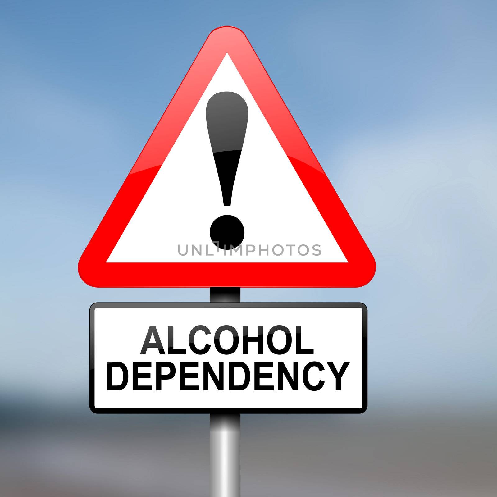 Illustration depicting red and white triangular warning road sign with a alcohol dependency concept. Blurred background.