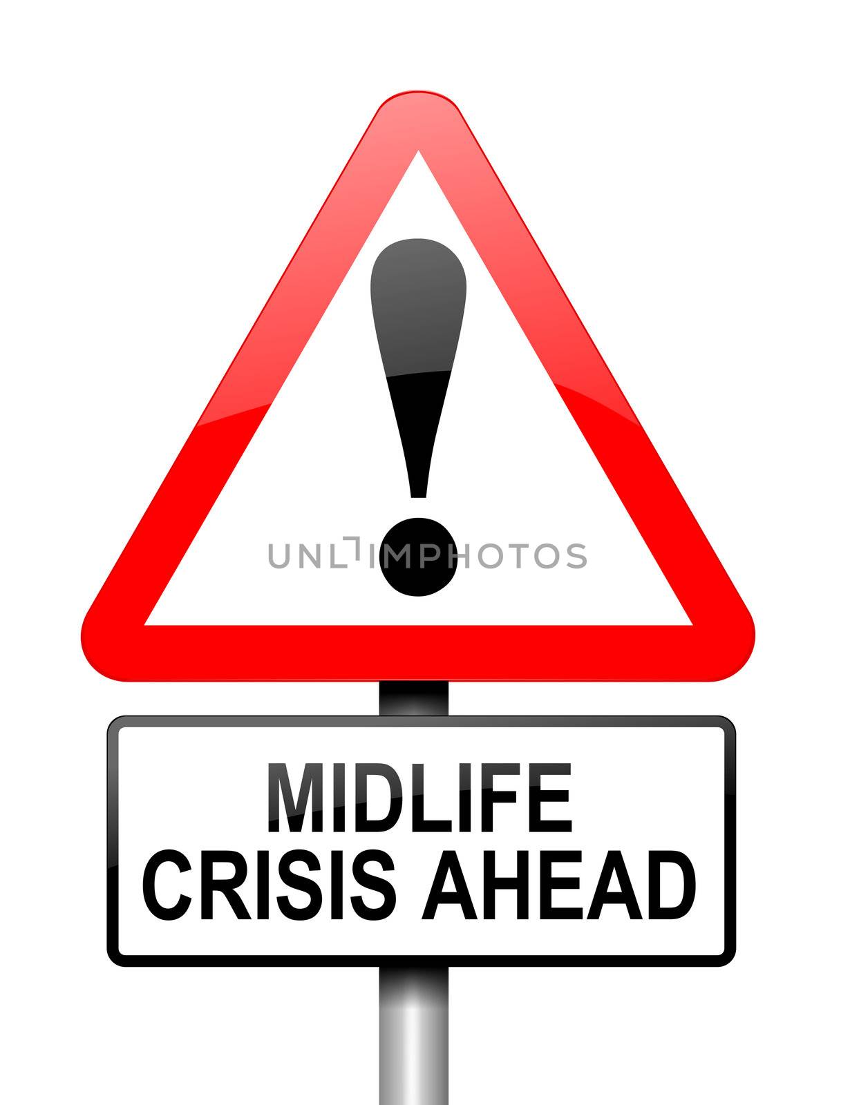 Illustration depicting red and white triangular warning road sign with a midlife crisis concept. White background.