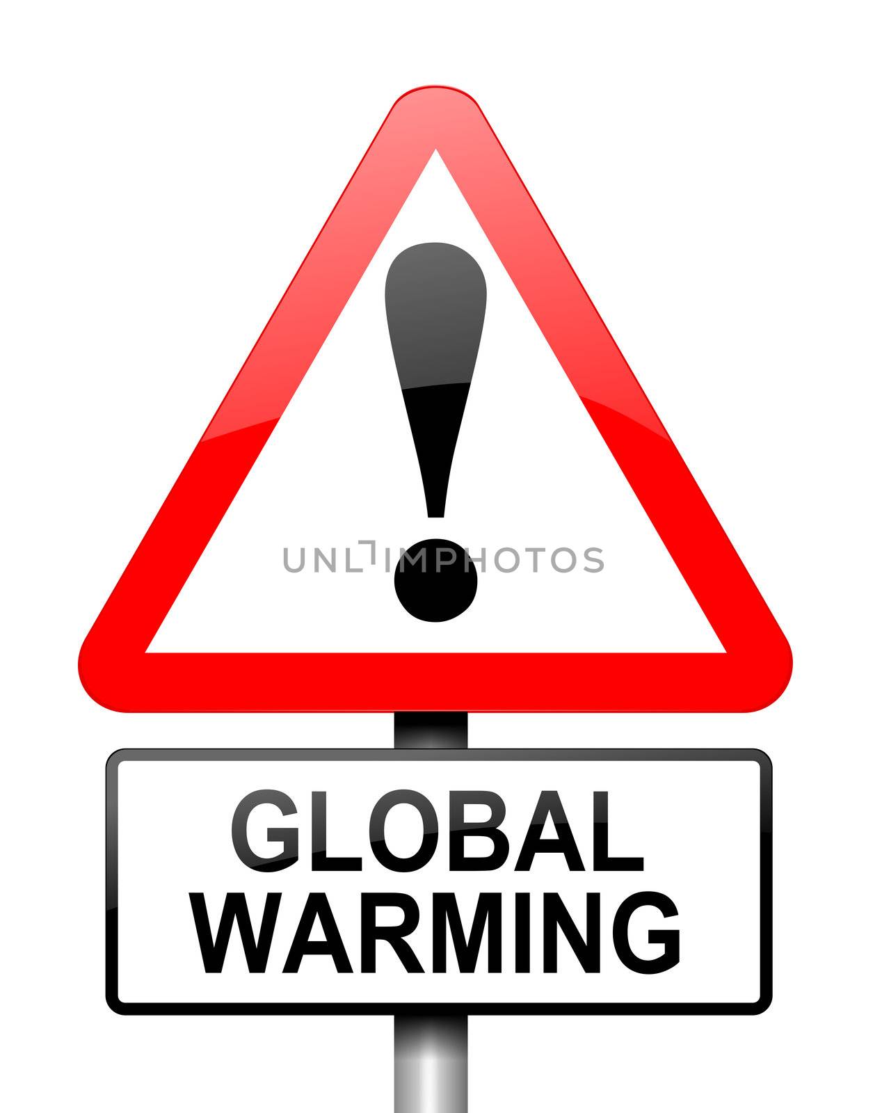 Illustration depicting red and white triangular warning road sign with a global warming concept. White background.