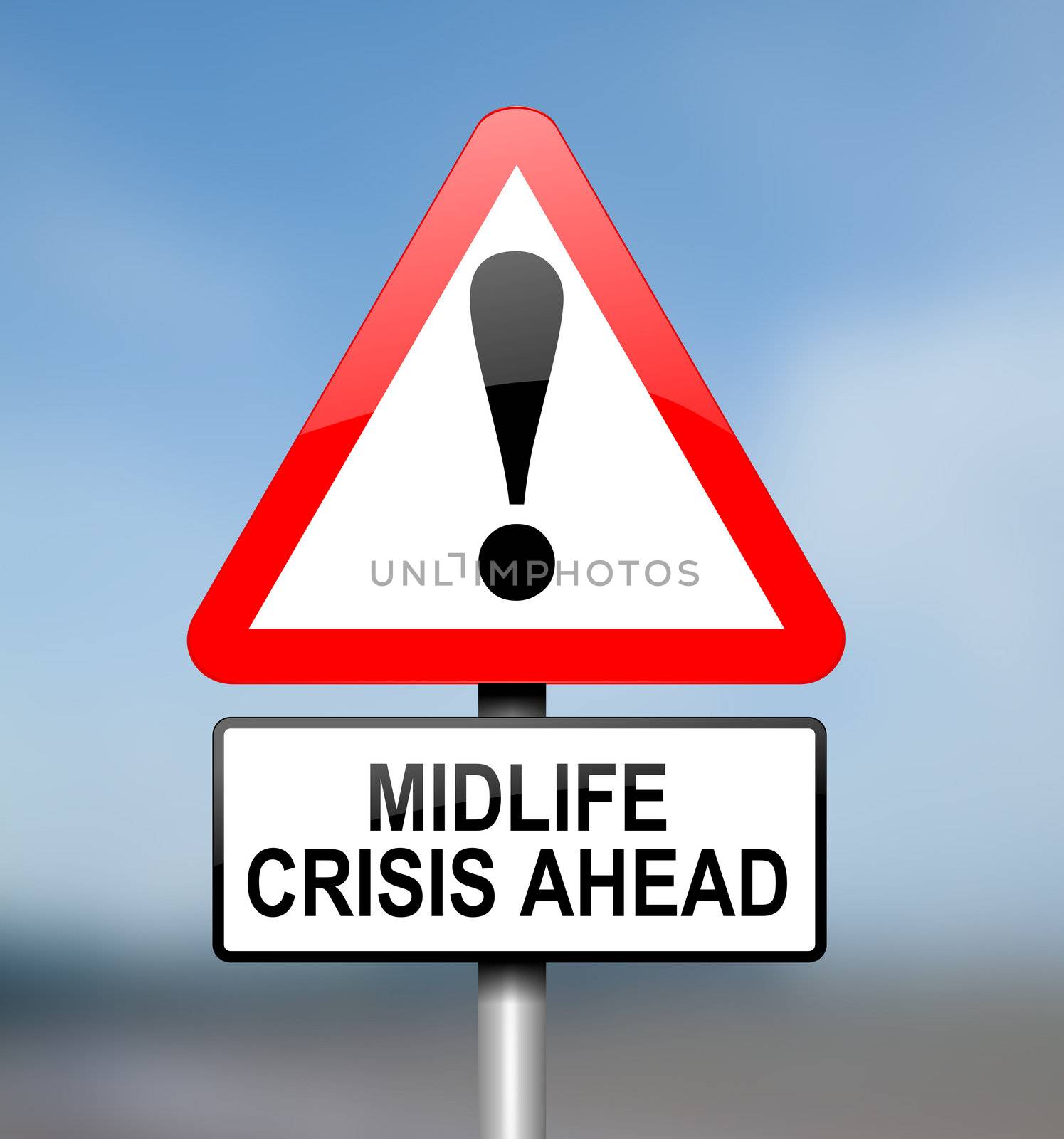 Illustration depicting red and white triangular warning road sign with a midlife crisis concept. Blurred background.