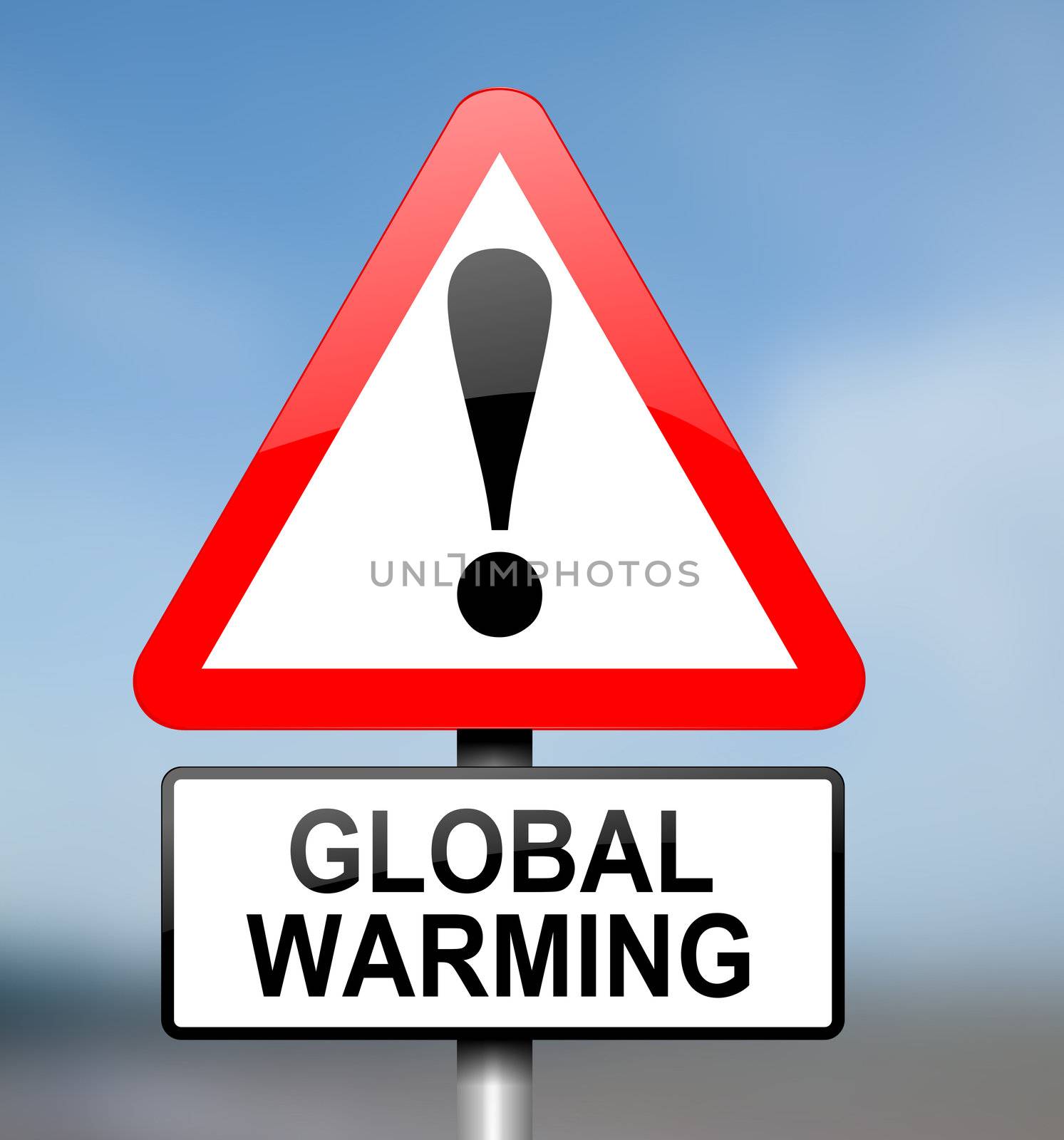 Illustration depicting red and white triangular warning road sign with a global warming concept.Blurred background.