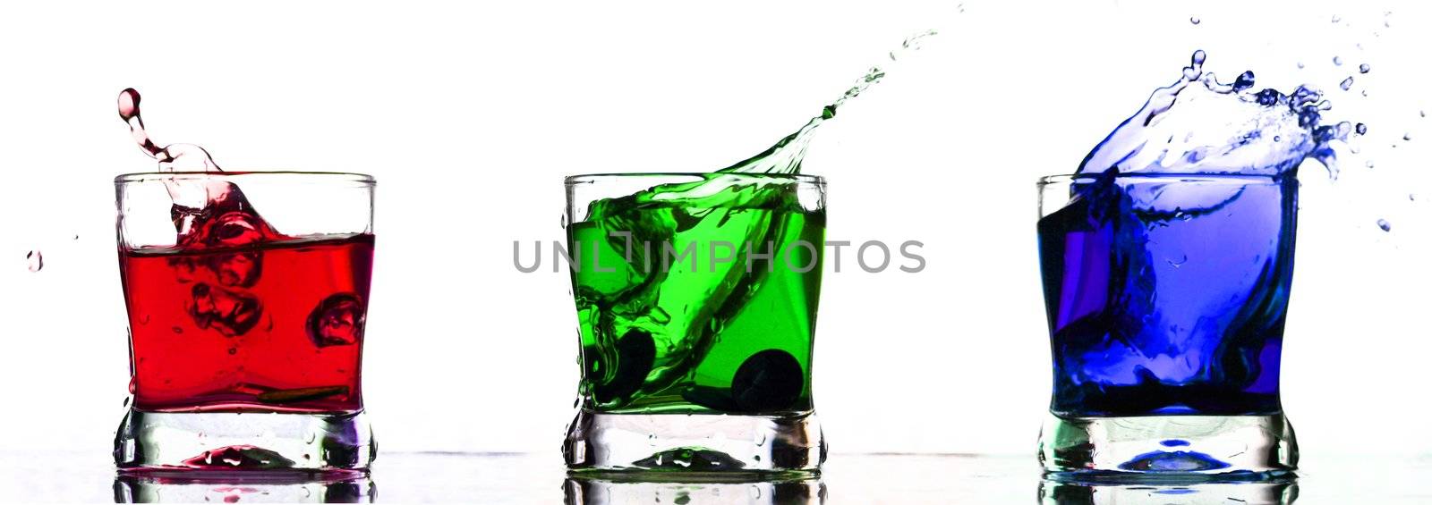Red Green Blue Splash in glass on white