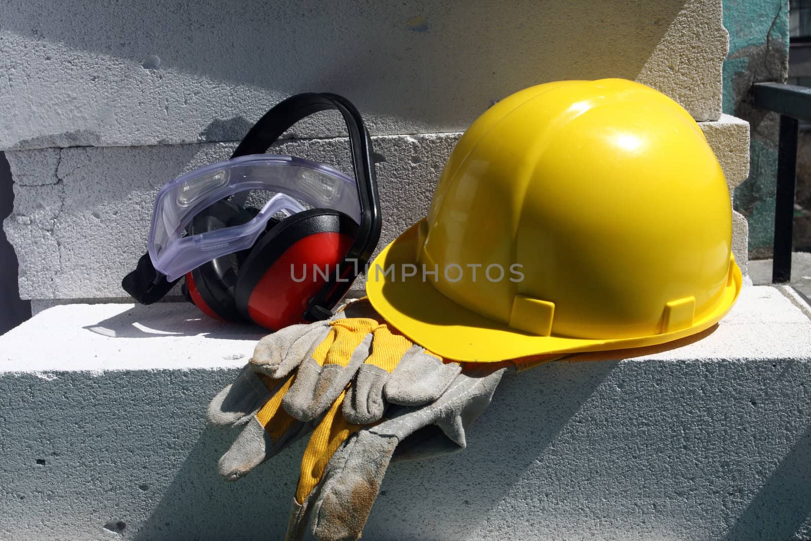 Safety gear kit close up on work place