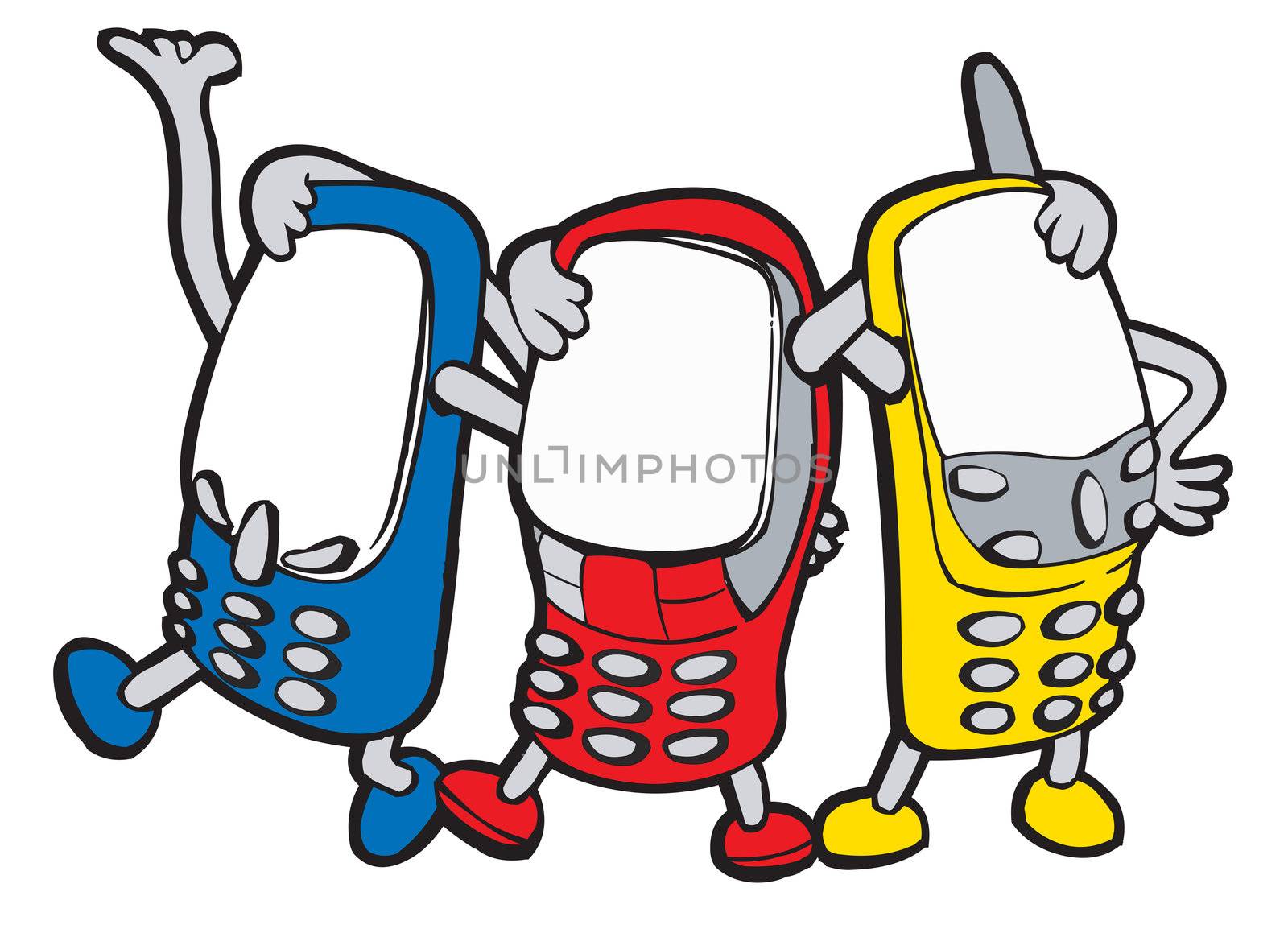 Colour animated mobile phones with handles and legs stands having embraced