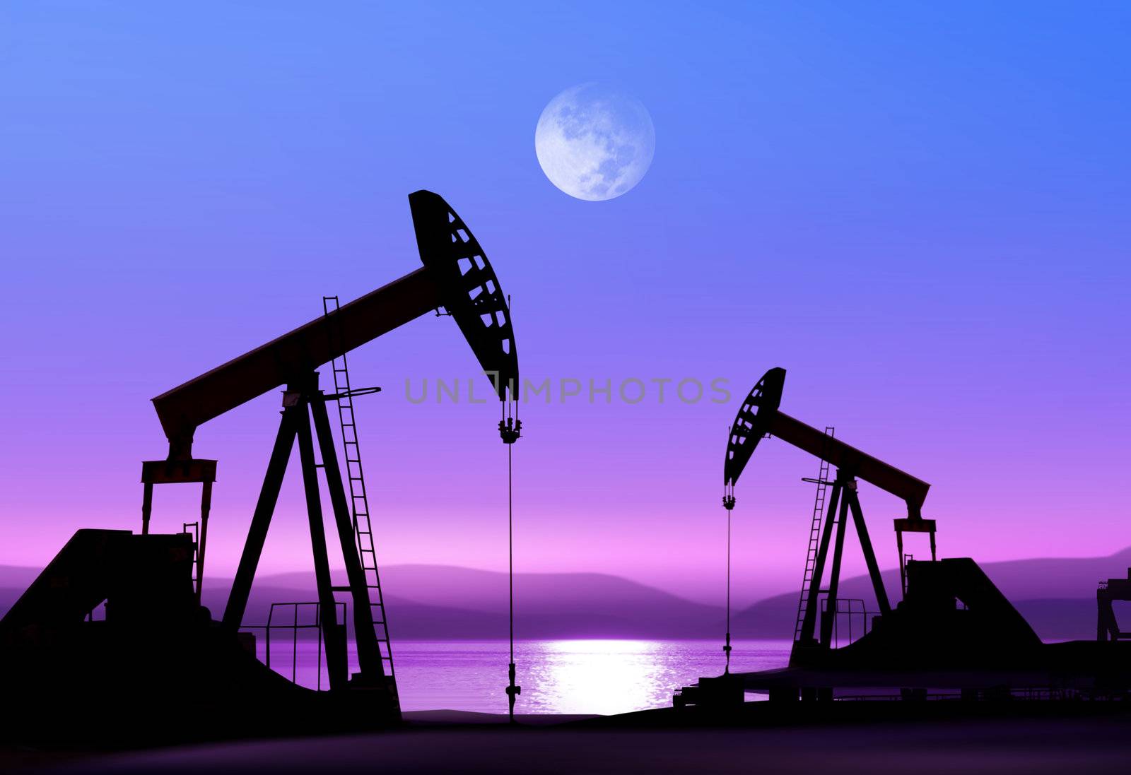 Working oil pump in deserted district in the bright of the moon