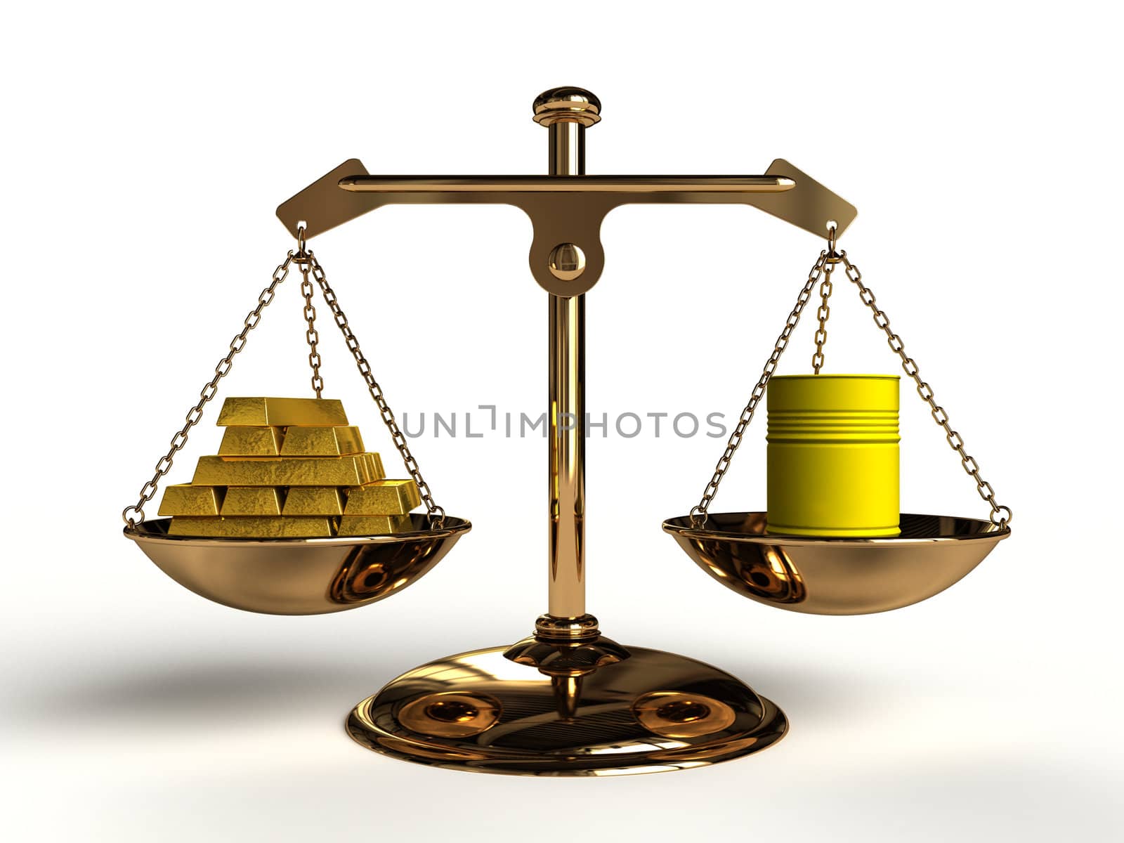 The cost of Pollution; On a golden balance, are compared in a yellow oil drum and a lot of gold bullion, computer-generated conceptual image.