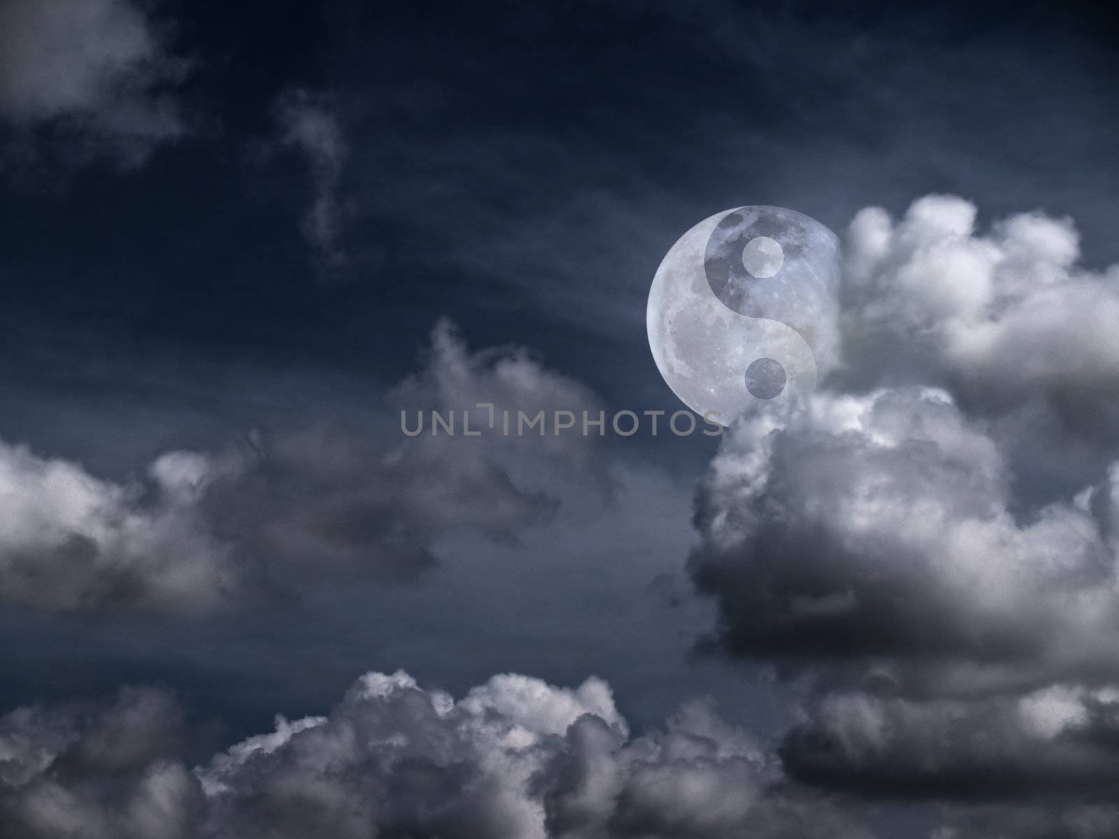 Moon with a sign of Yin Yang in the clouds