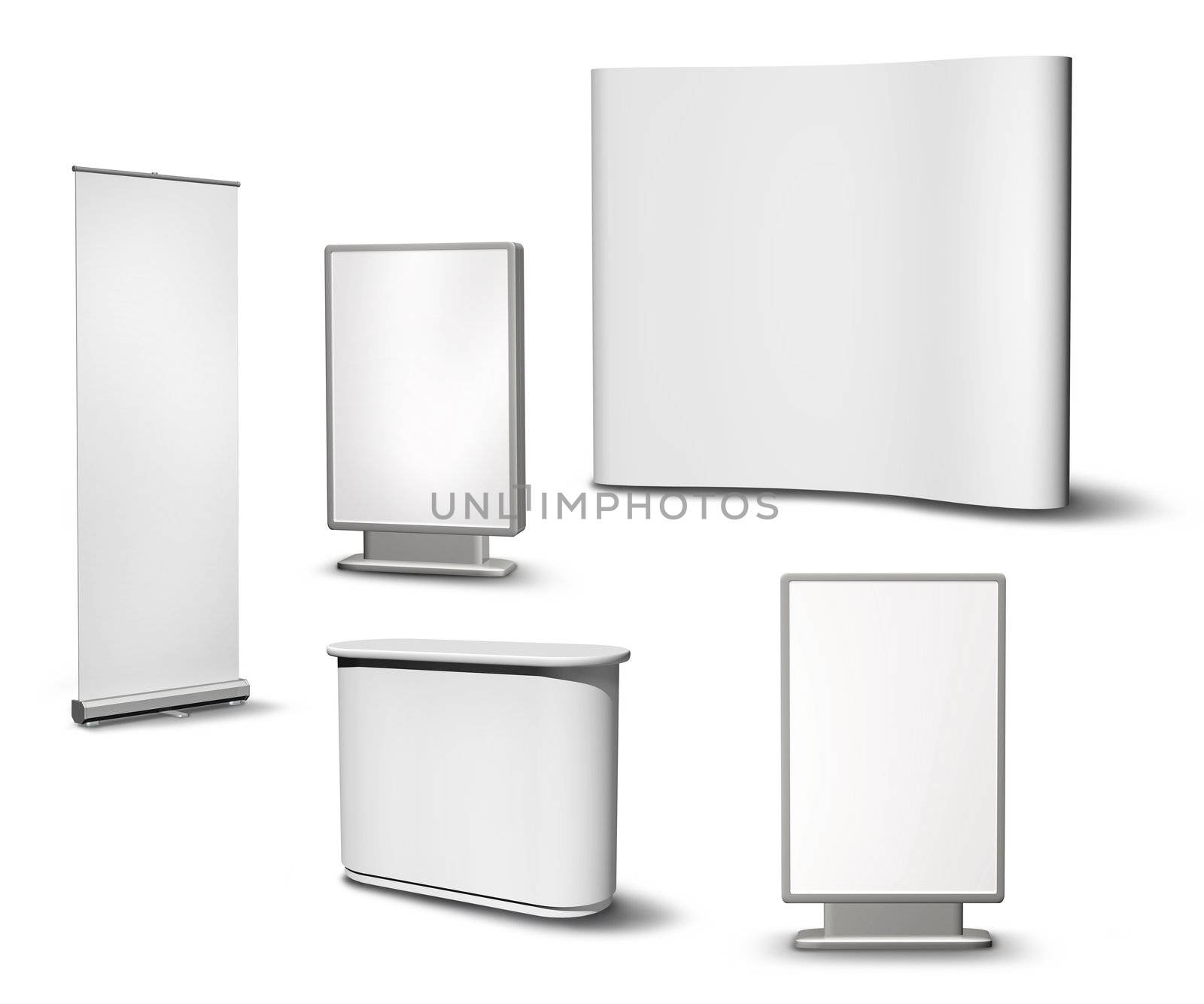 Set of blank roll-up poster, billboard, fair desk and concave wall on white background