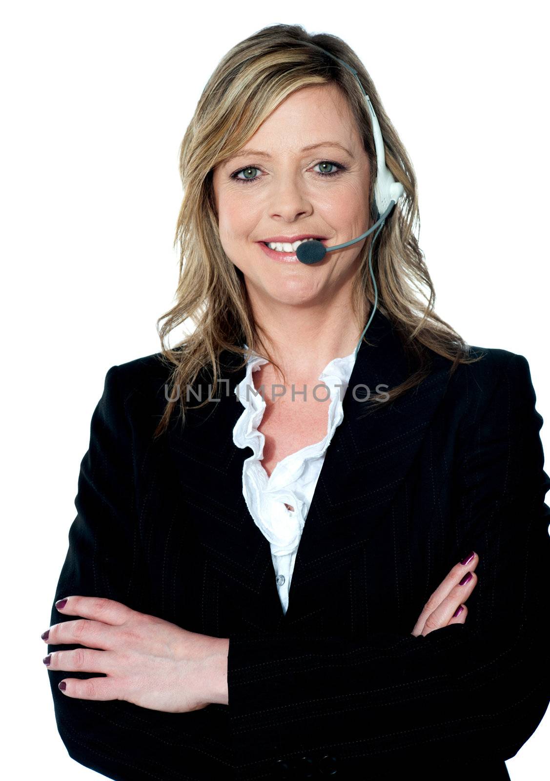 Customer care executive posing with headsets on