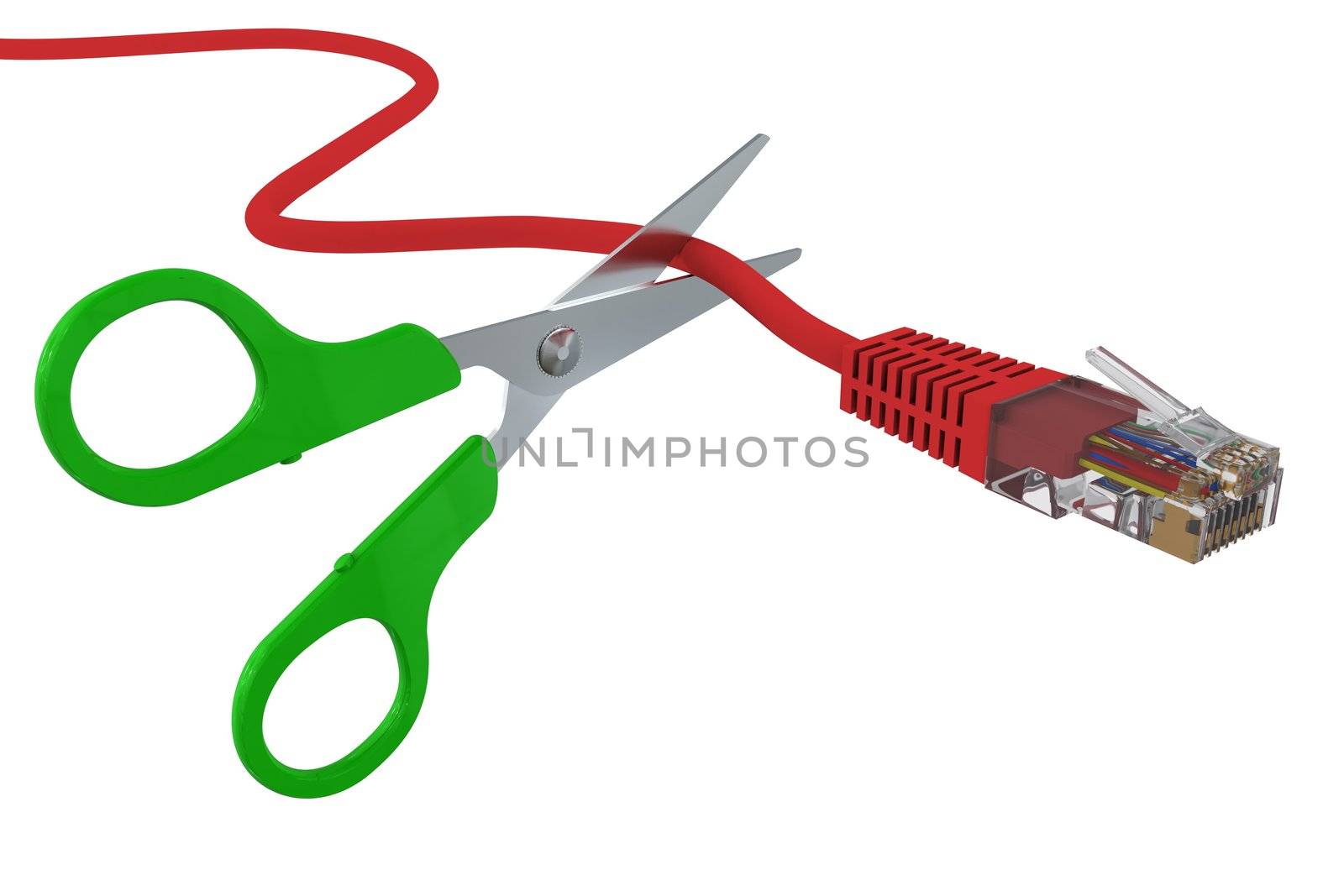 Scissors cut the network cable RJ45. 3D rendering by cherezoff