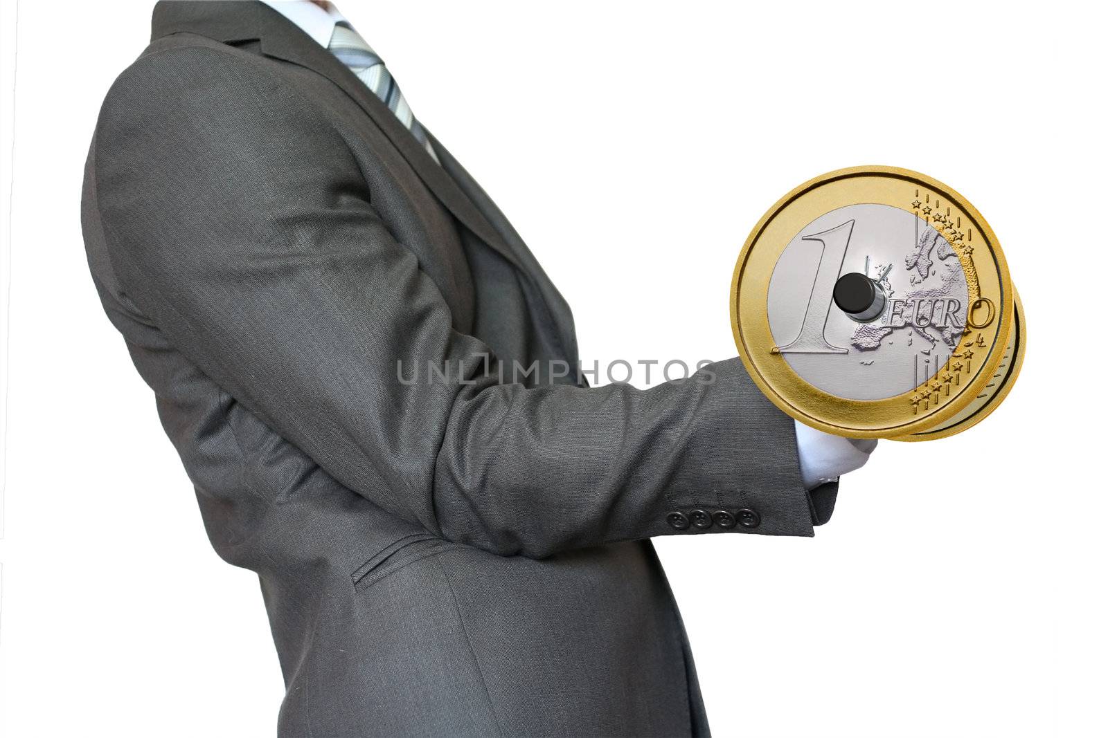 Businessman lifting dumbbell gold "Euro" by cherezoff