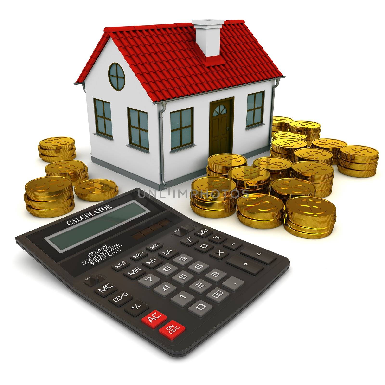 House with red roof, calculator, stack of gold coins dollar. 3d rendering