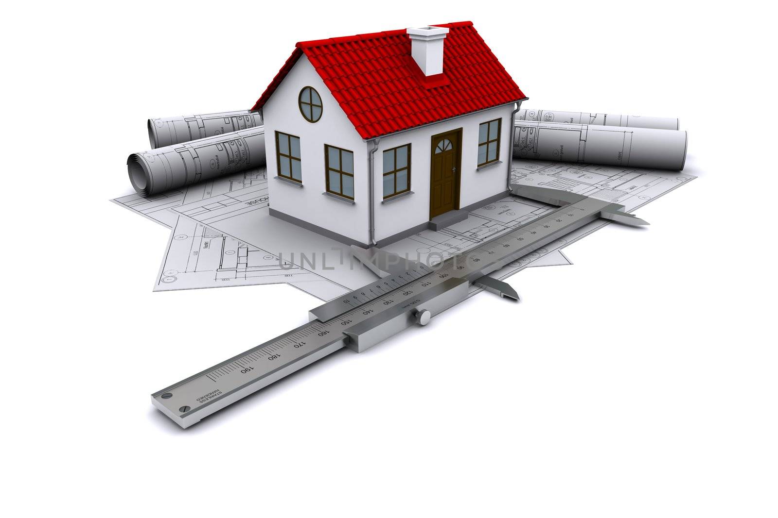 Composition of construction drawings, models at home with red roof and calipers. 3D rendering