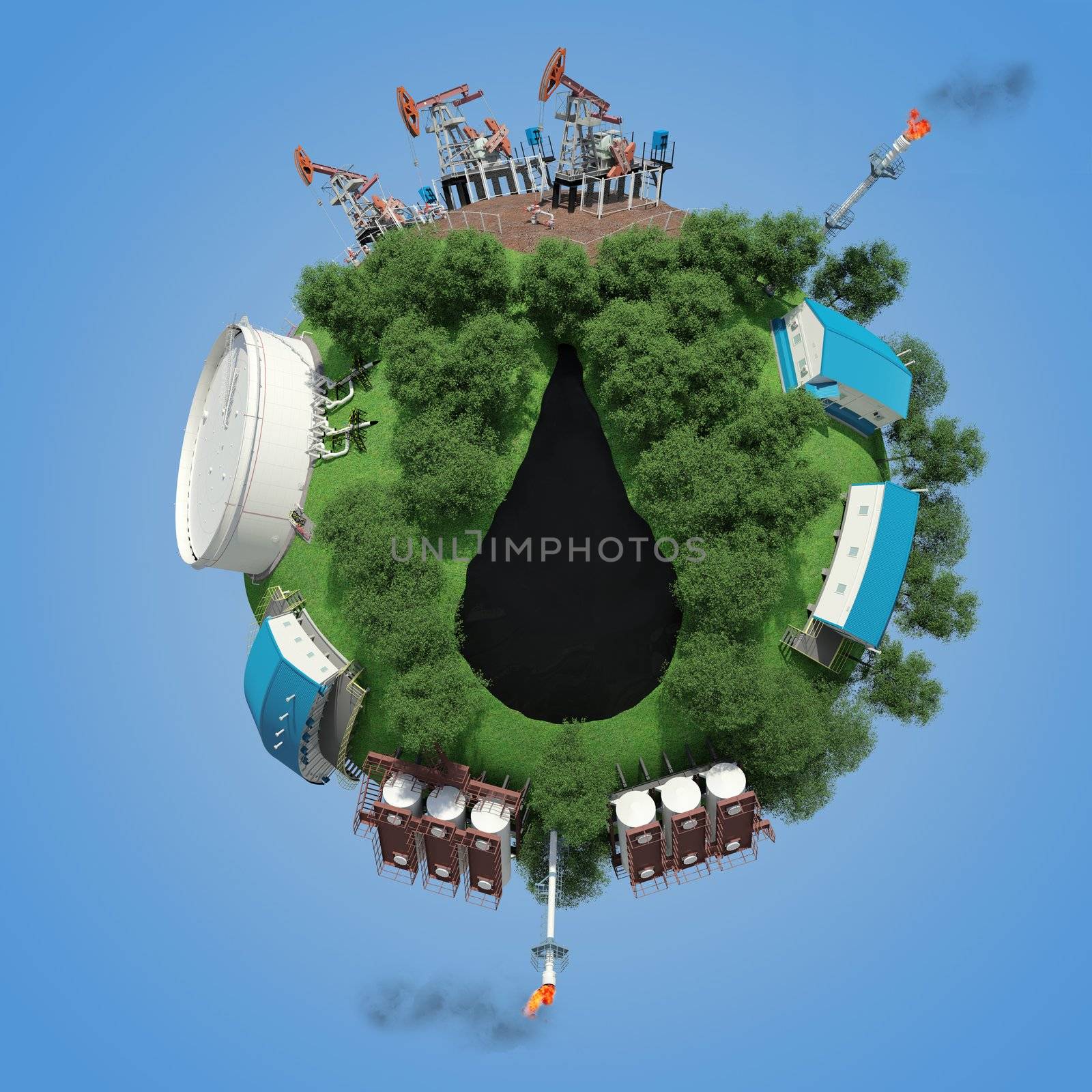 Objects of oil production and processing on a small planet. 3d rendering