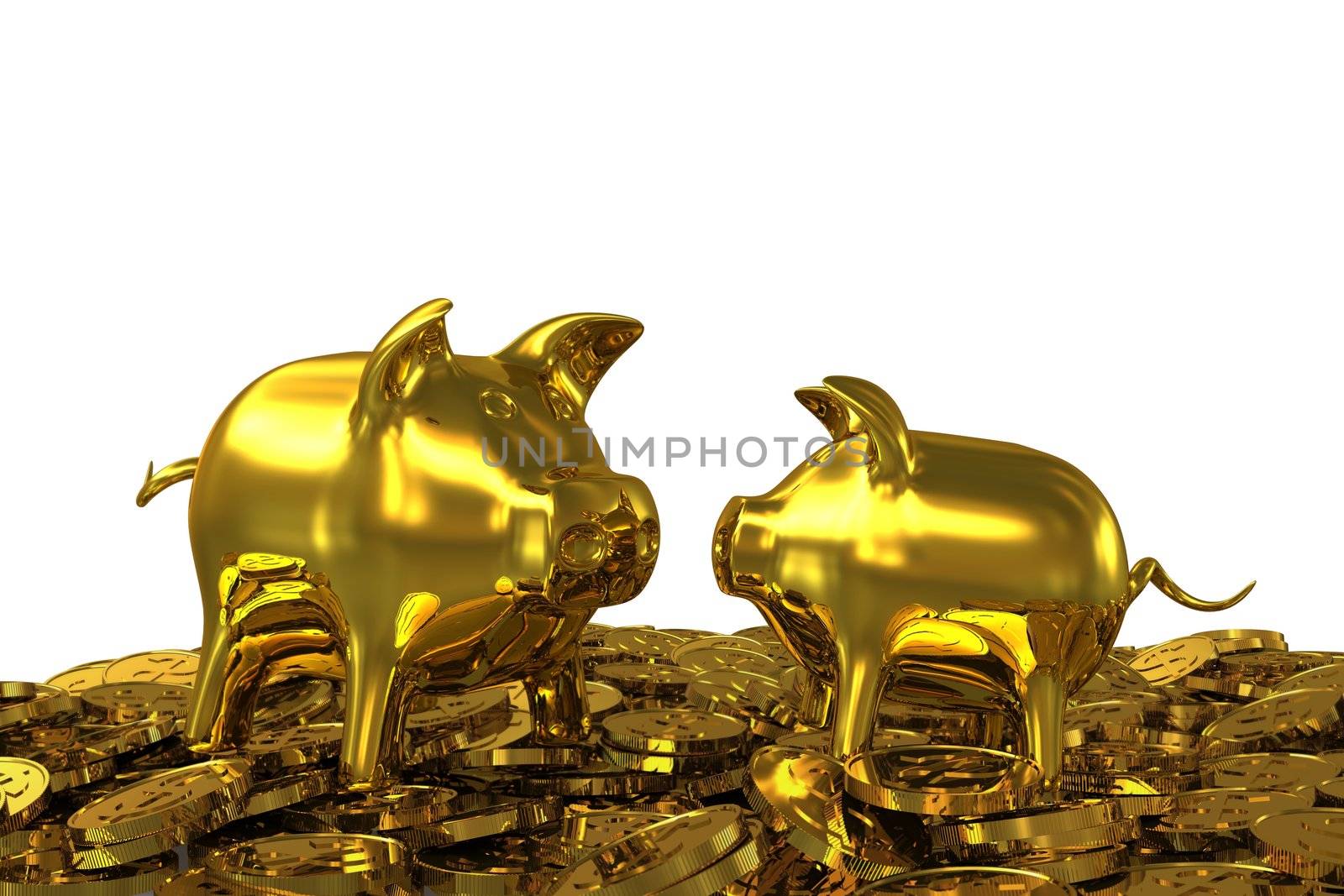 Two golden piggy banks in the gold dollar coins. 3D rendering