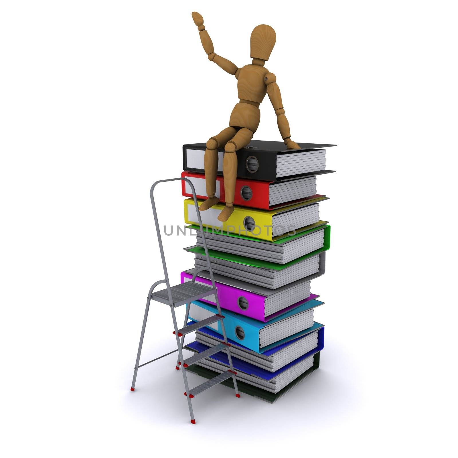 The wooden man climbed the ladder on the stack of books. 3D rendering