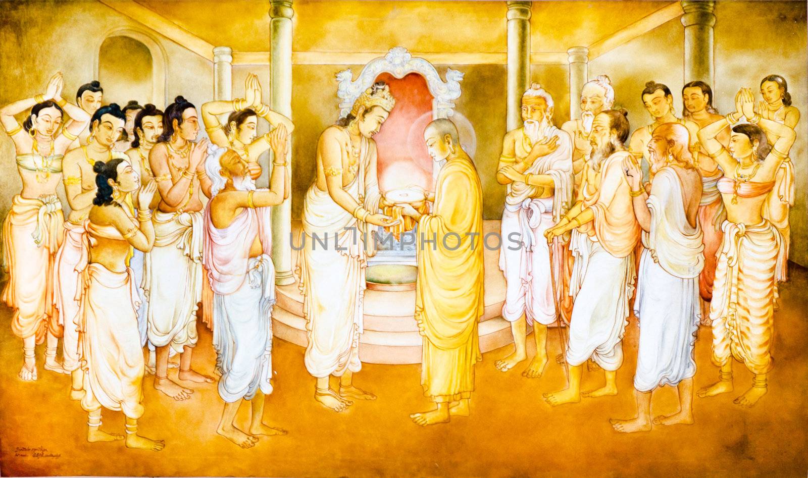 TEMPLE OF SACRED TOOTH RELIC IN KANDY, SRI LANKA, DECEMBER 8.  painting" The Arahath Kema presented King Brahmadatta of Kalinga with the Sacred Tooth Relic for veneration ". KANDY, SRI LANKA, DECEMBER 8, 2011
